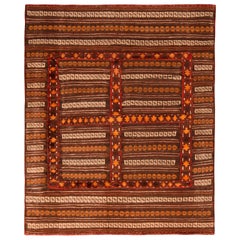 Tapis & Kilim - Robe en laine angora rayée beige-marron orange avec broderie vintage