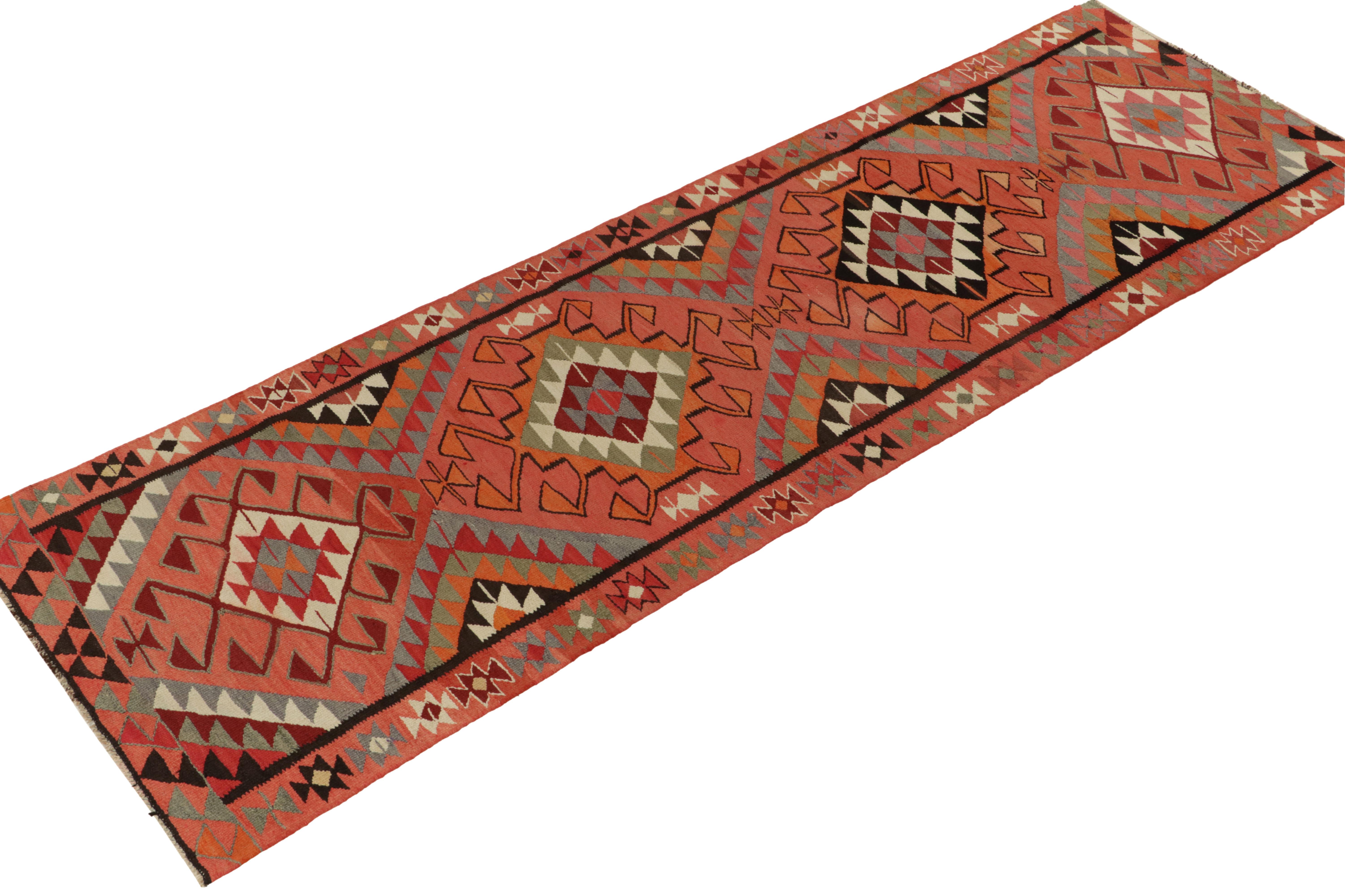 From R&K Principal Josh Nazmiyal’s latest acquisitions, a distinct 3x11 vintage kilim runner originating from Turkey circa 1950-1960. 

On the Design: This particular tribal rug enjoys a brilliant sense of life and movement in the vibrant