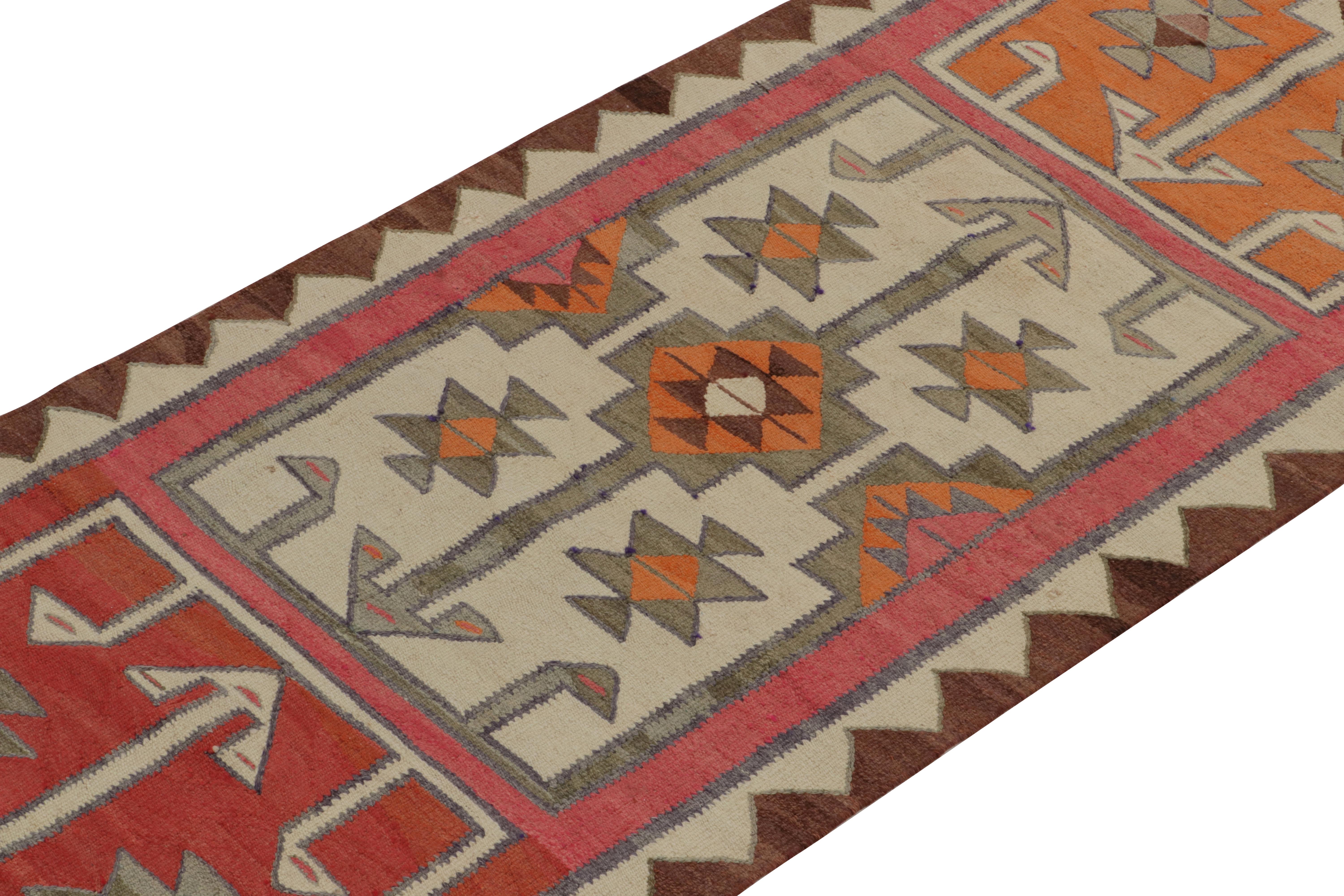 Hand-Knotted Vintage Kilim Tribal Runner in Red, Orange Geometric Pattern by Rug & Kilim For Sale