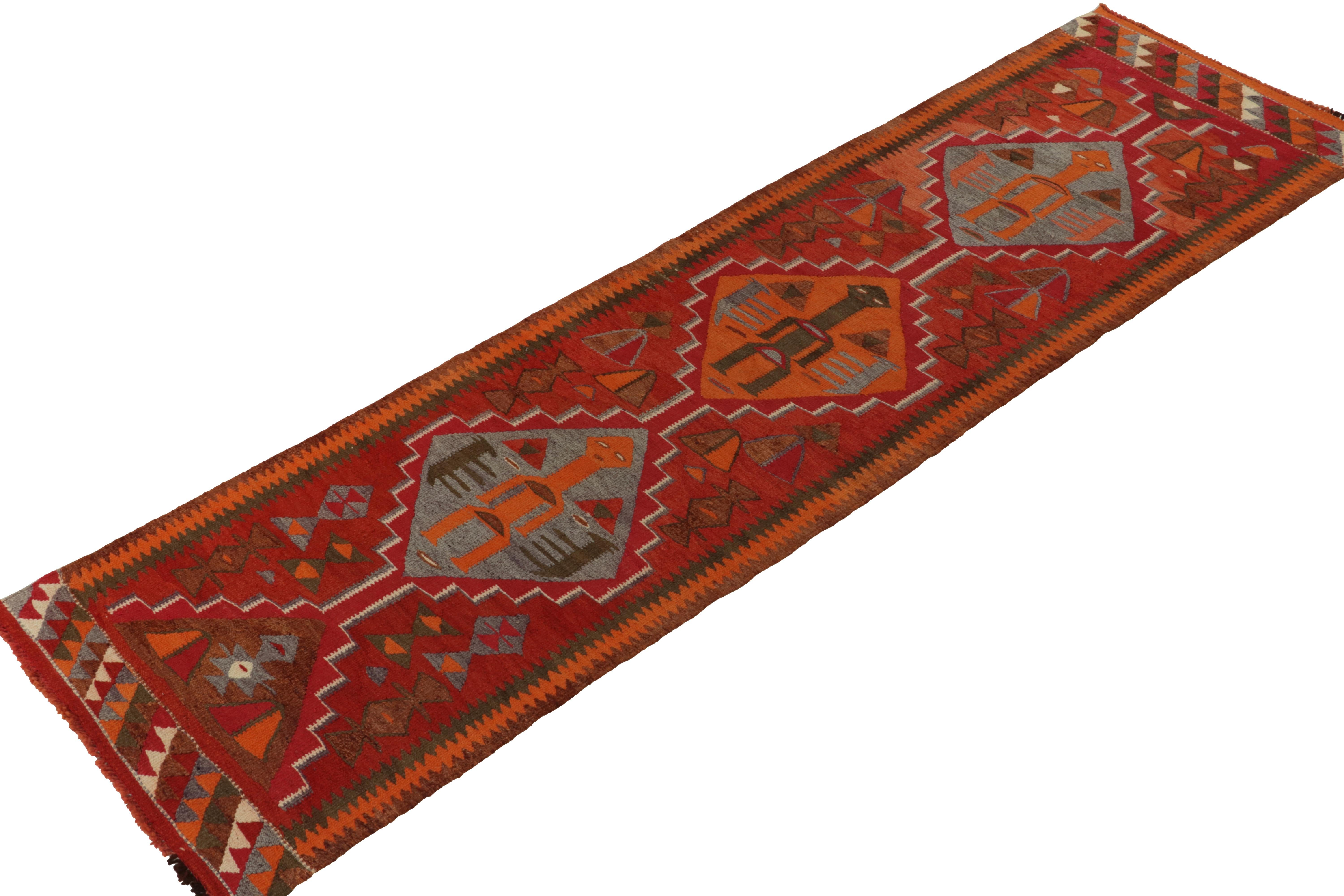 From Rug & Kilim Principal Josh Nazmiyal’s latest acquisitions, a distinguished 3x11 vintage kilim runner originating from Turkey circa 1950-1960. 

On the design: The tribal pattern employs geometric figures as medallions in a most unusual