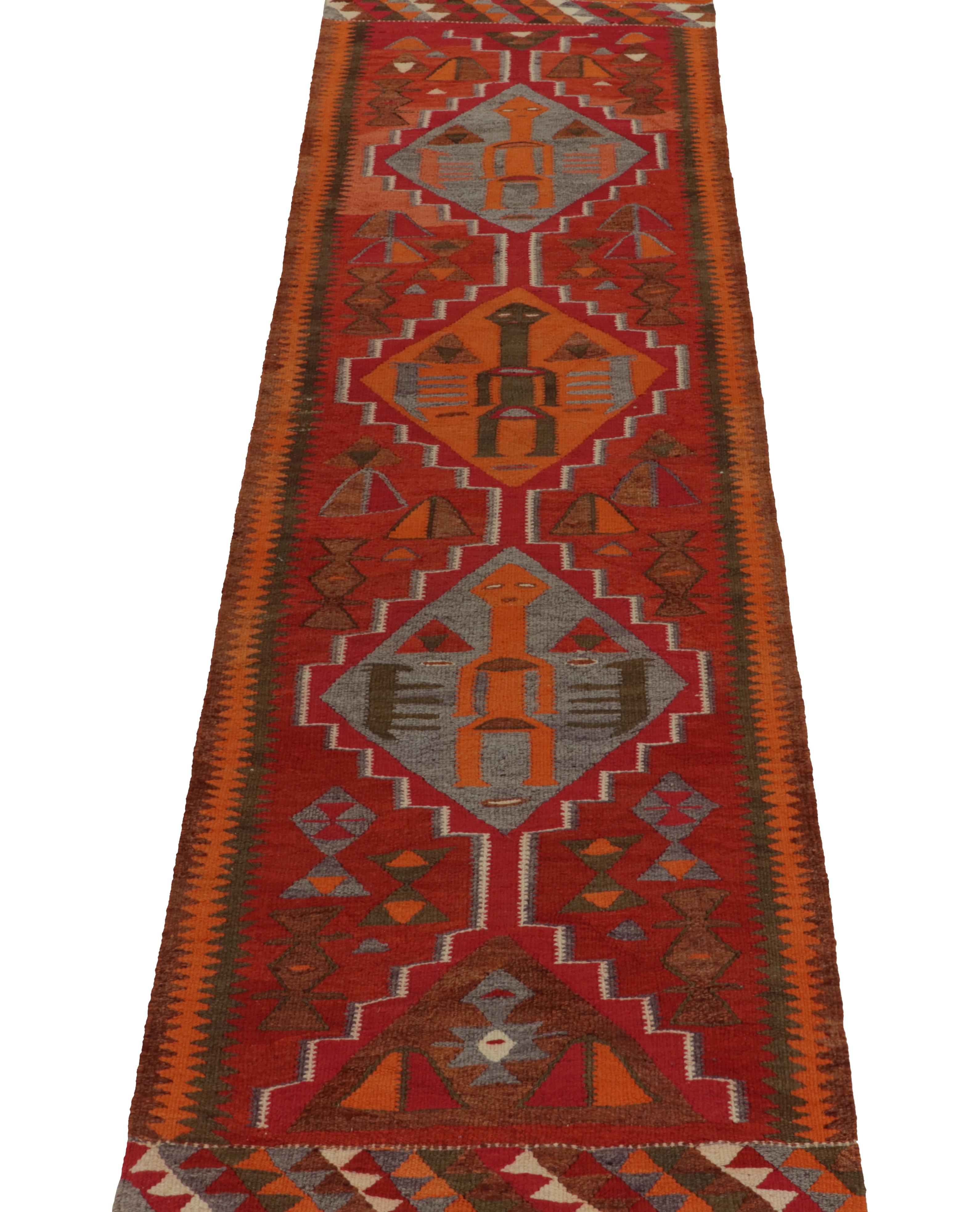 Turkish Vintage Kilim Tribal Runner in Red with Blue Geometric Figures by Rug & Kilim For Sale