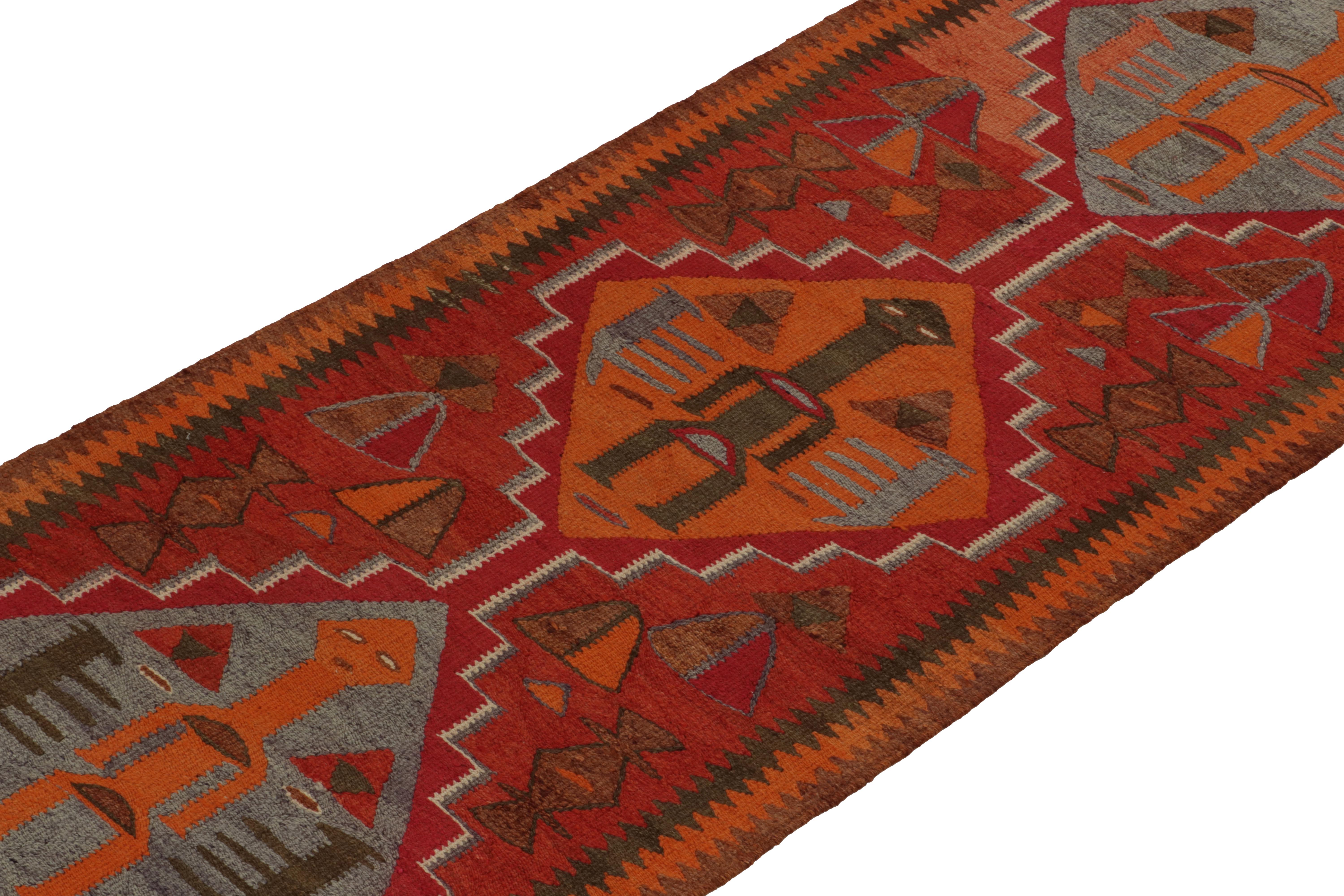 Hand-Knotted Vintage Kilim Tribal Runner in Red with Blue Geometric Figures by Rug & Kilim For Sale