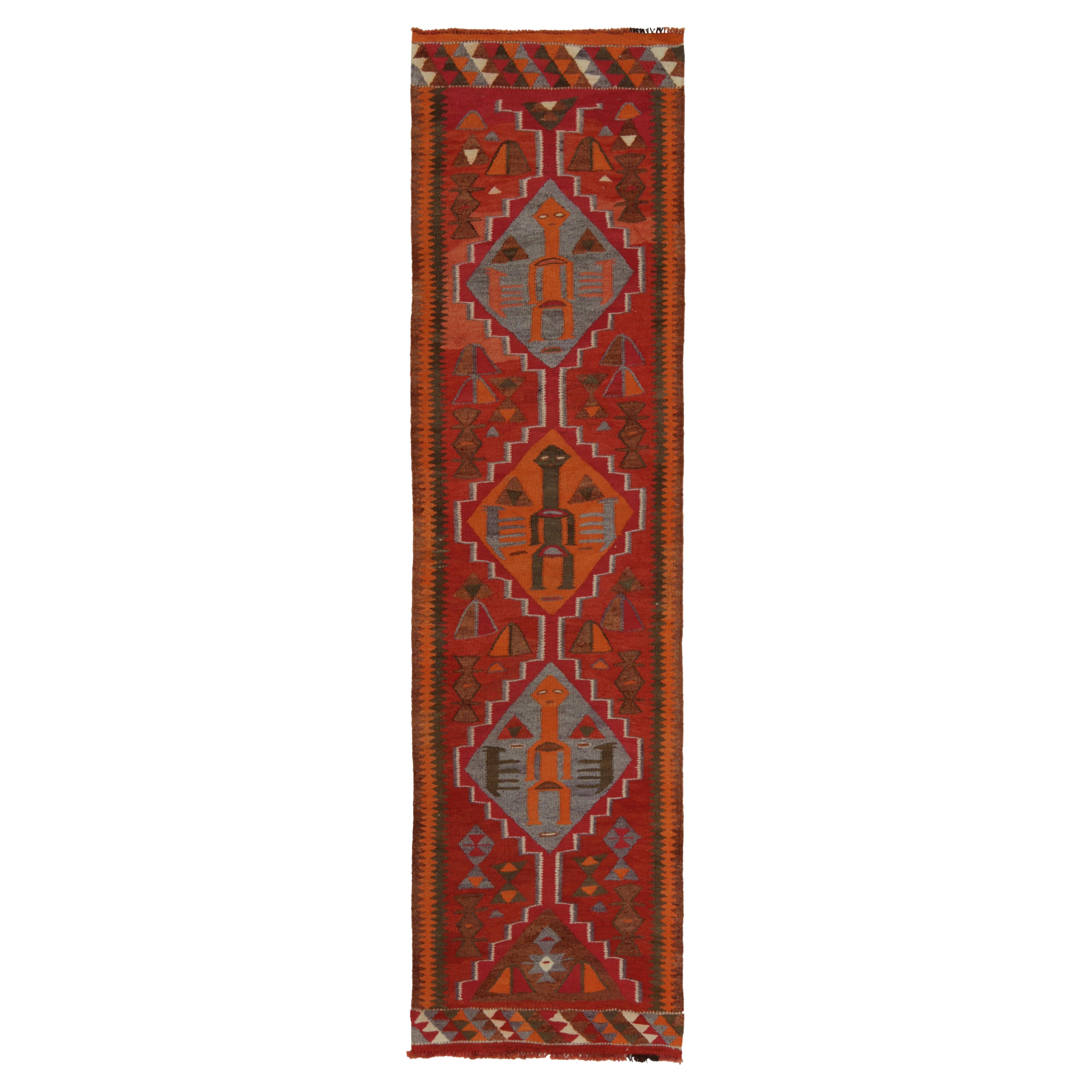 Vintage Kilim Tribal Runner in Red with Blue Geometric Figures by Rug & Kilim For Sale