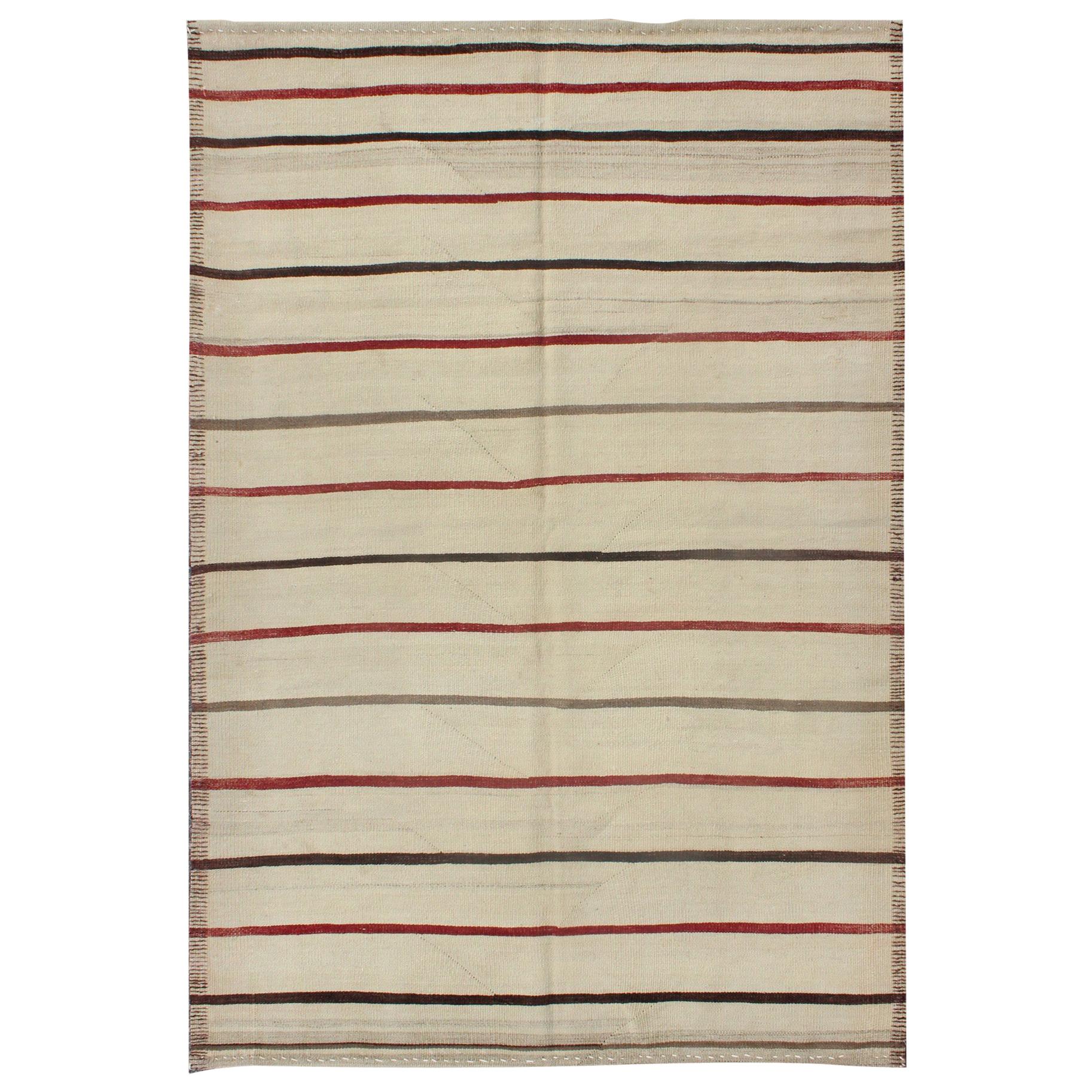 Vintage Hand Woven Kilim Turkish on Cream Background with Red and Blue Stripes