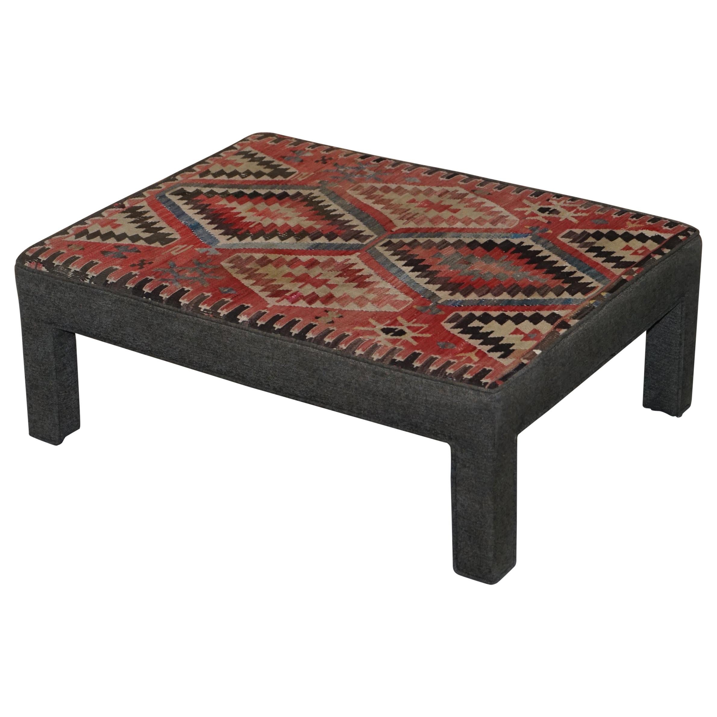 Vintage Kilim Upholstered Bench Ottoman Footstool Can Be Used as Coffee Table