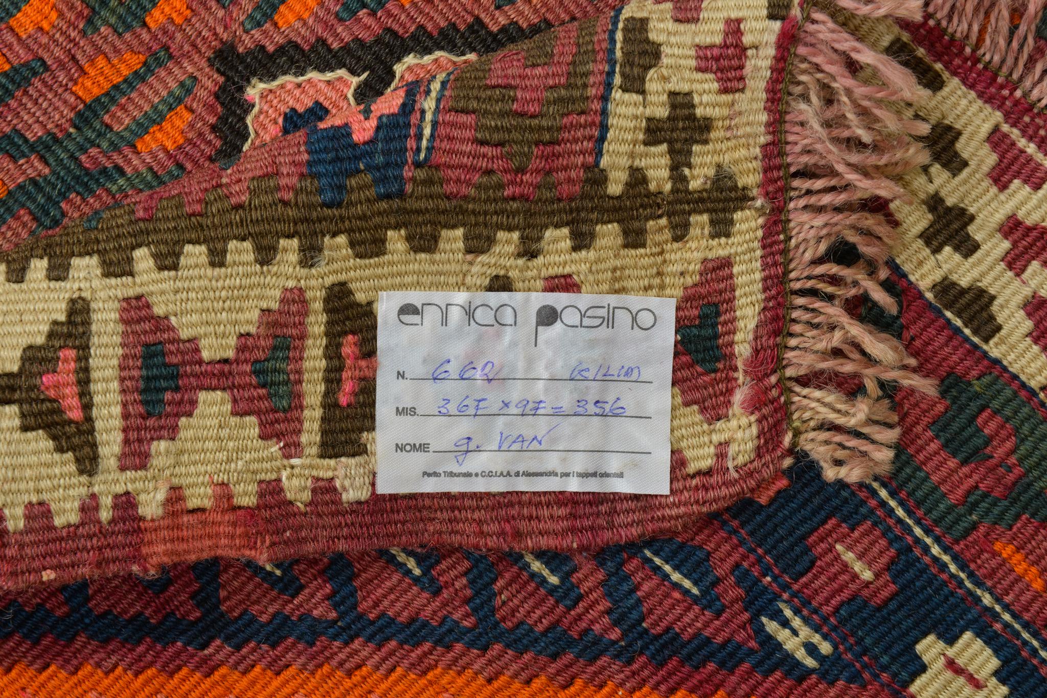  Beautiful blue color (not clearly visible in the photograph) and dense geometric pattern for this sturdy runner. The dark color for wool is used by nomads to rest their eyes from the blinding sun.
The blue color has a special long preparation