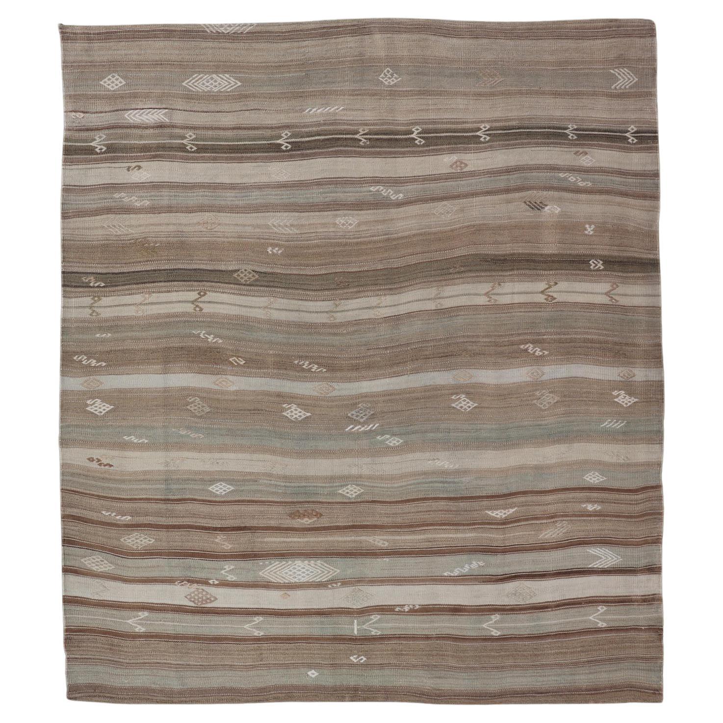 Vintage Kilim With Subtle Striped Patterns in Earth Tones   6' 4" x 7' 10" For Sale