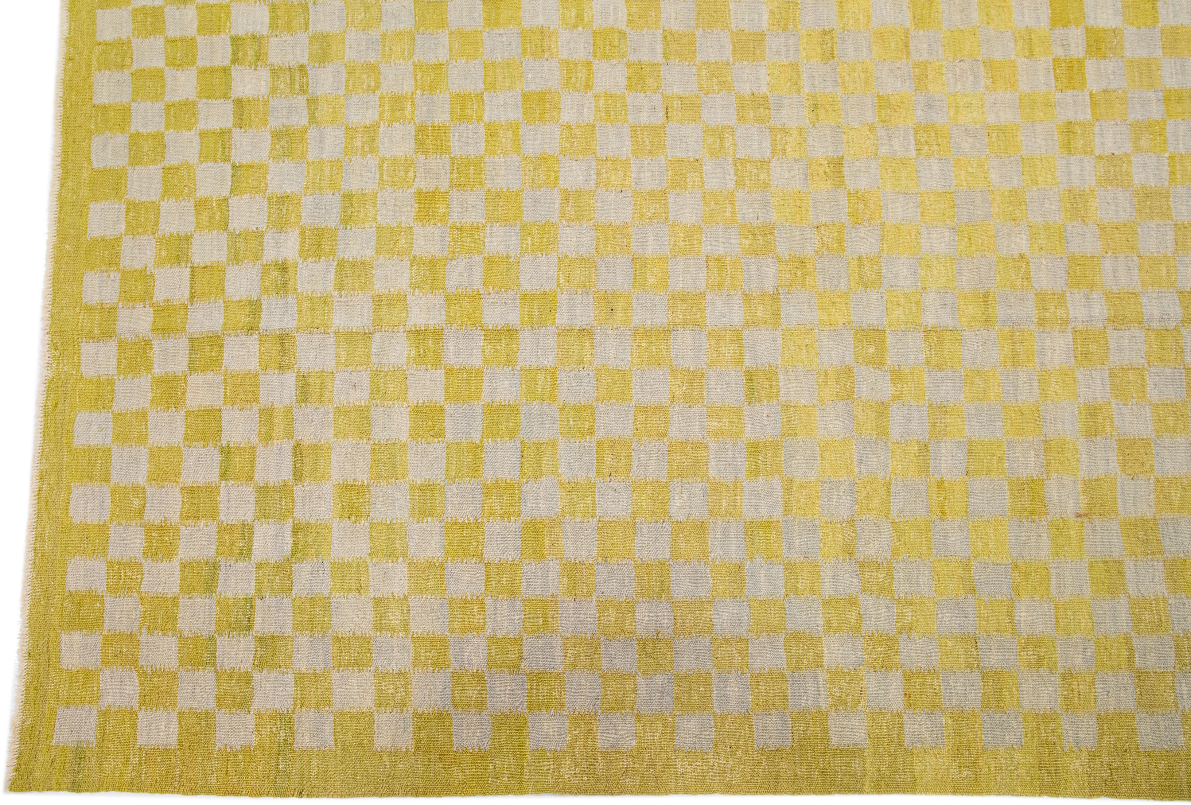 Turkish Vintage Kilim Yellow Handmade Wool Rug with Checker Motif For Sale