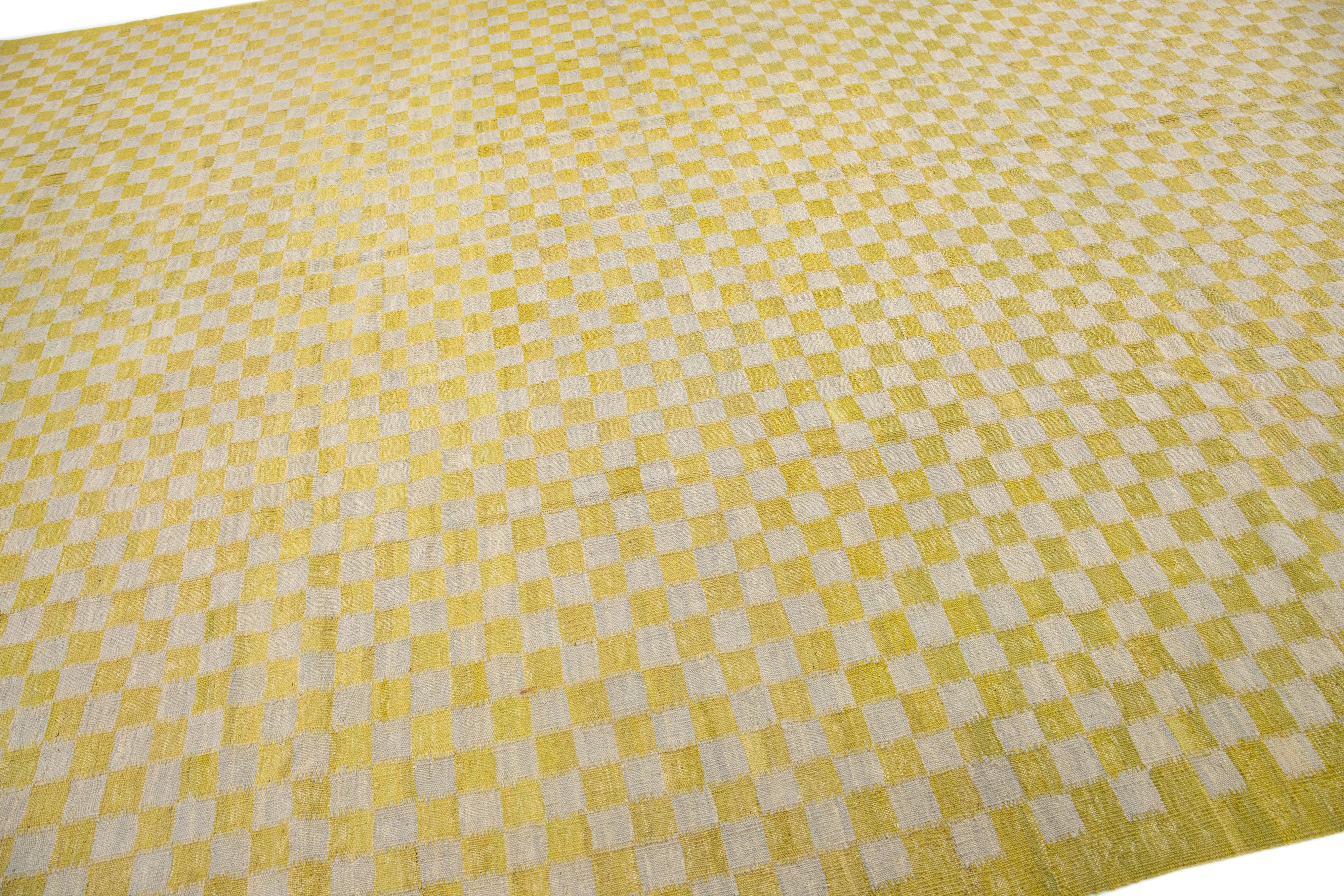 Hand-Knotted Vintage Kilim Yellow Handmade Wool Rug with Checker Motif For Sale
