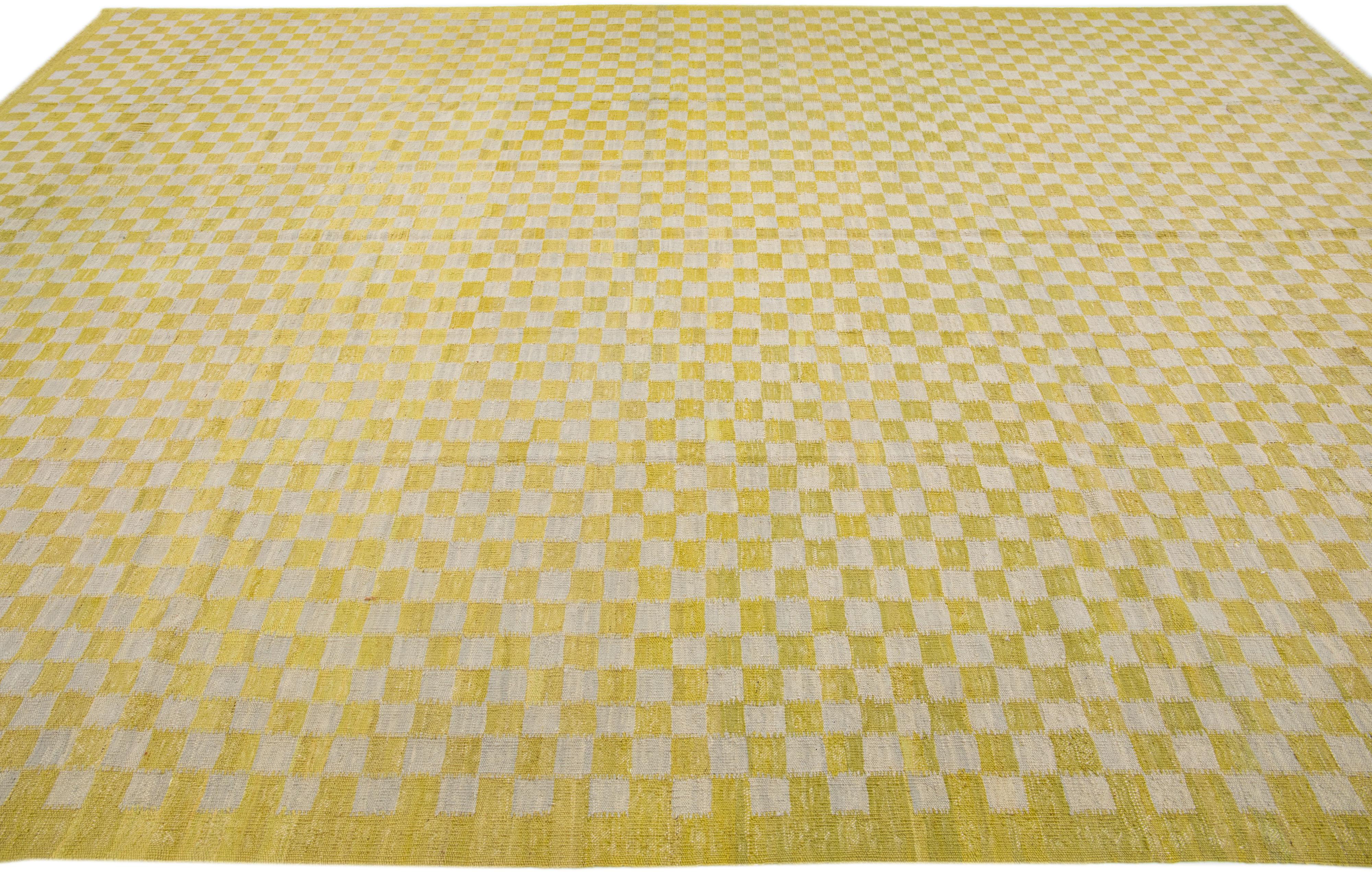 Vintage Kilim Yellow Handmade Wool Rug with Checker Motif In Excellent Condition For Sale In Norwalk, CT
