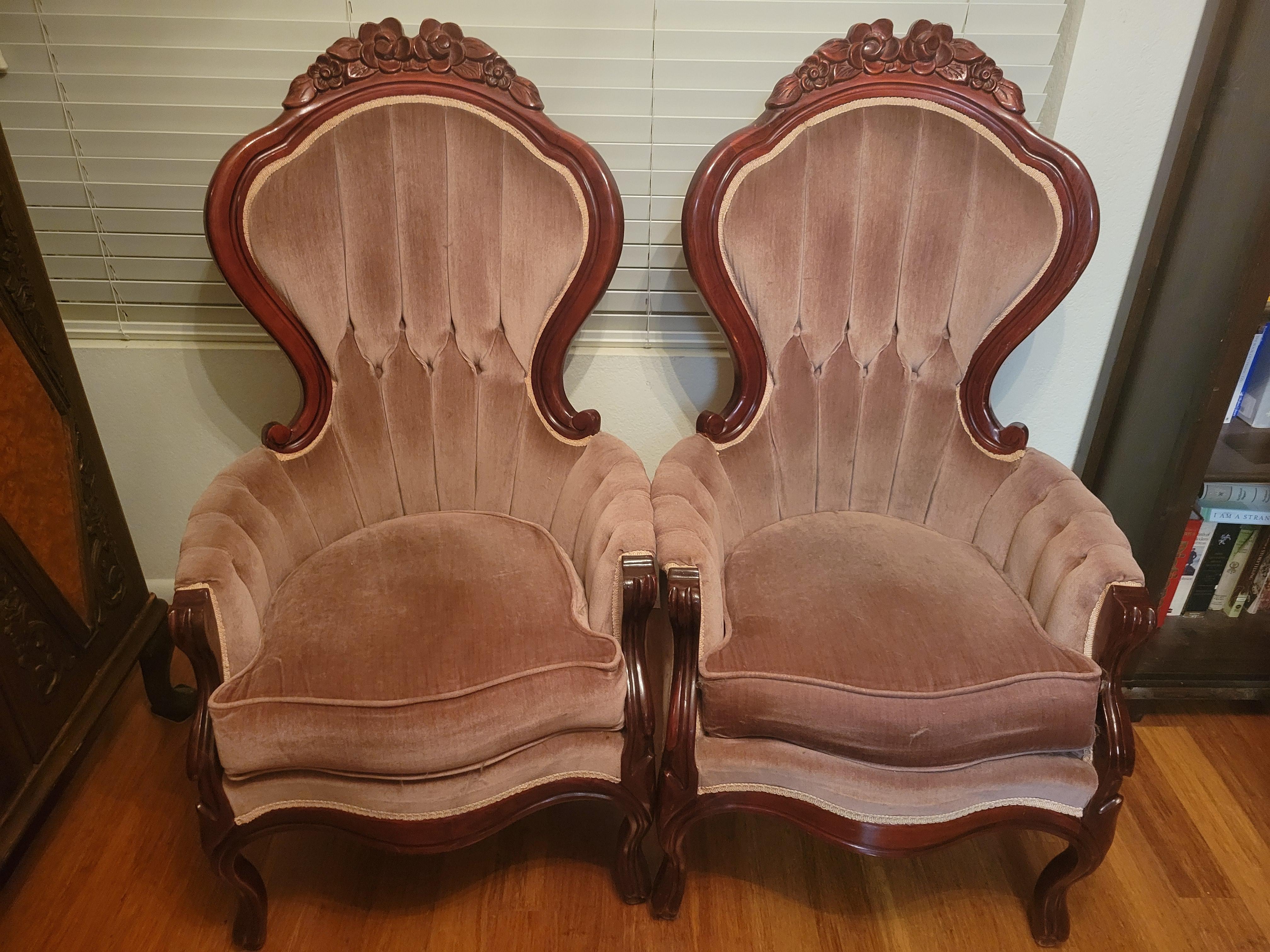 Mahogany Kimball Reproductions Victorian Style King and Queen Armchairs - Set of (2)