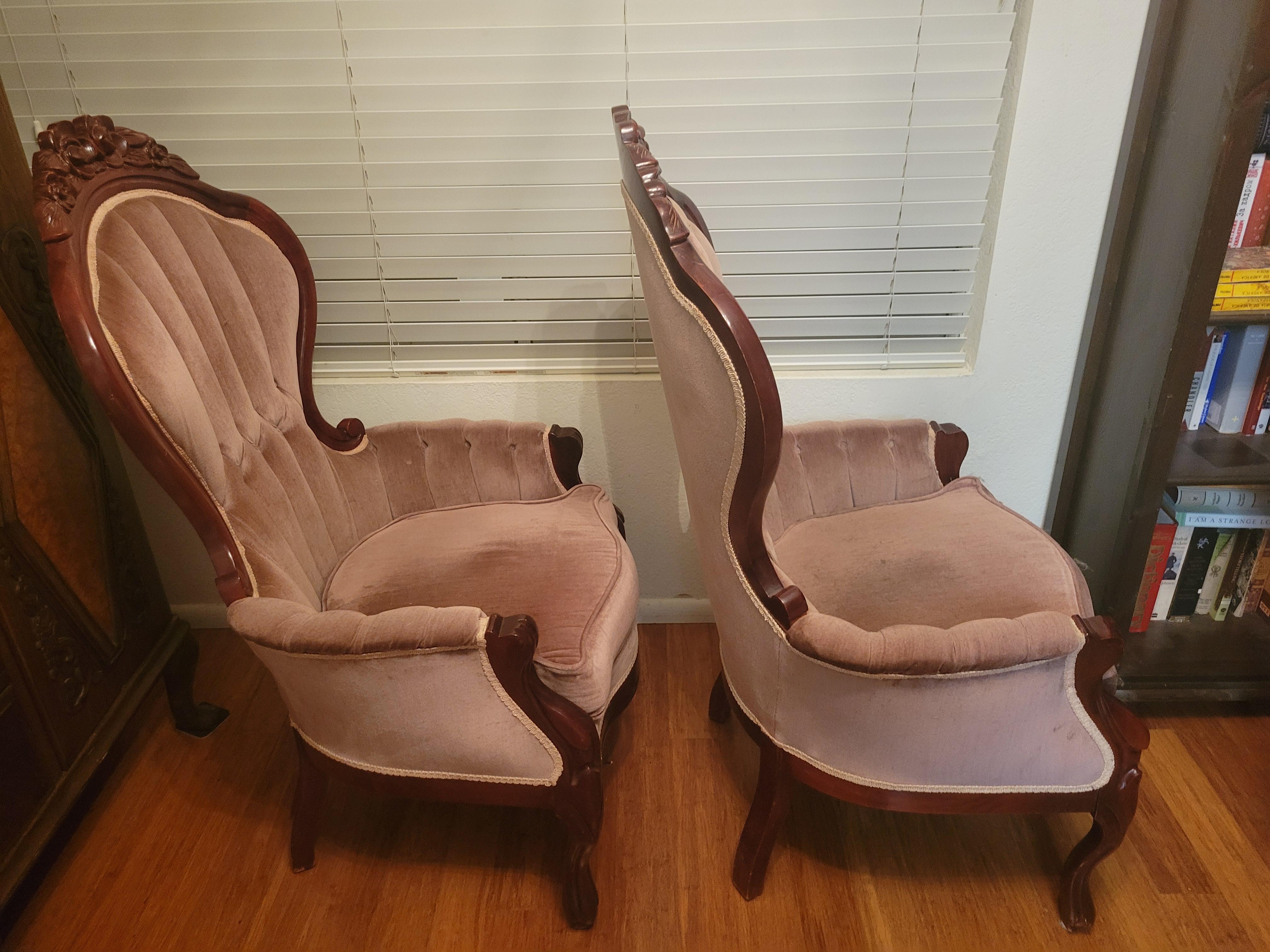Hand-Carved Kimball Reproductions Victorian Style King and Queen Armchairs - Set of (2)