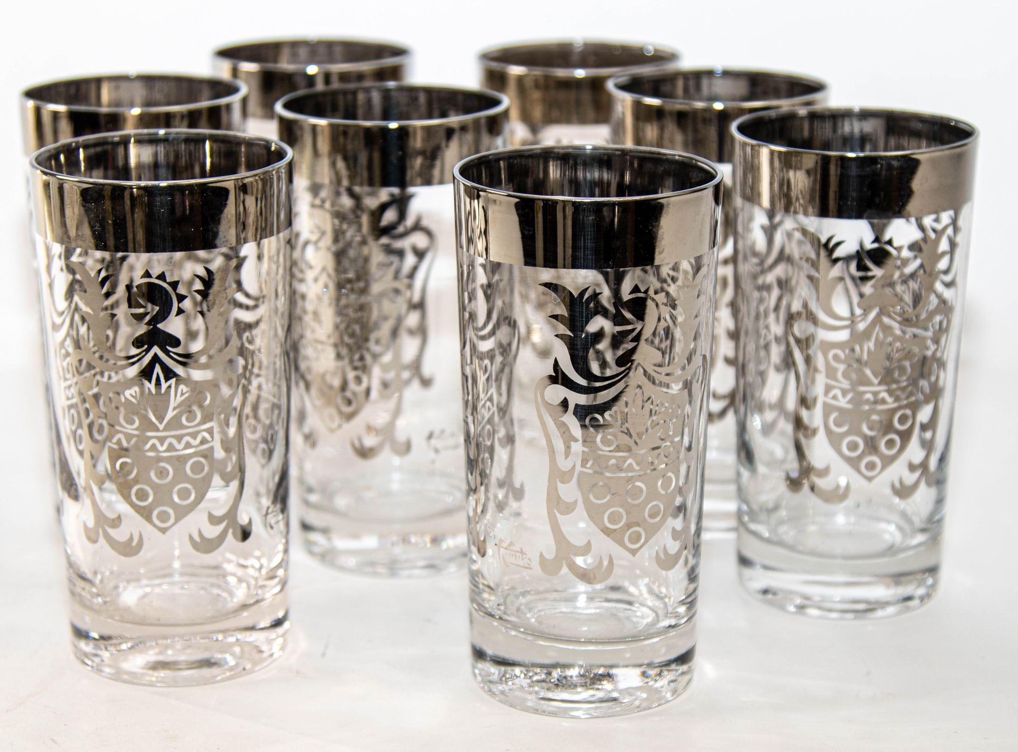 Vintage Kimiko Signed Silver High Ball Glasses Set of 8 with Carrying Caddy 60's For Sale 6