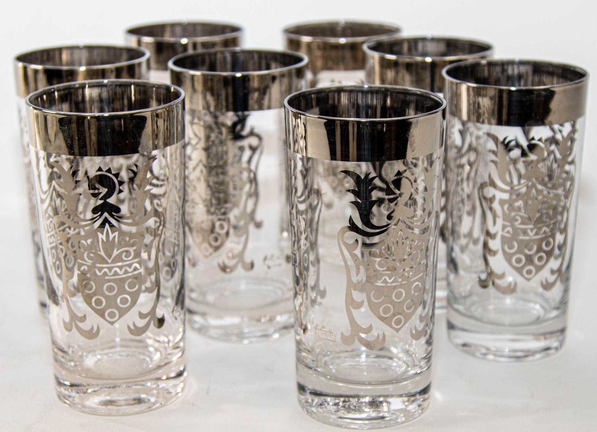 Vintage Kimiko Signed Silver High Ball Glasses Set of 8 with Carrying Caddy 60's For Sale 9