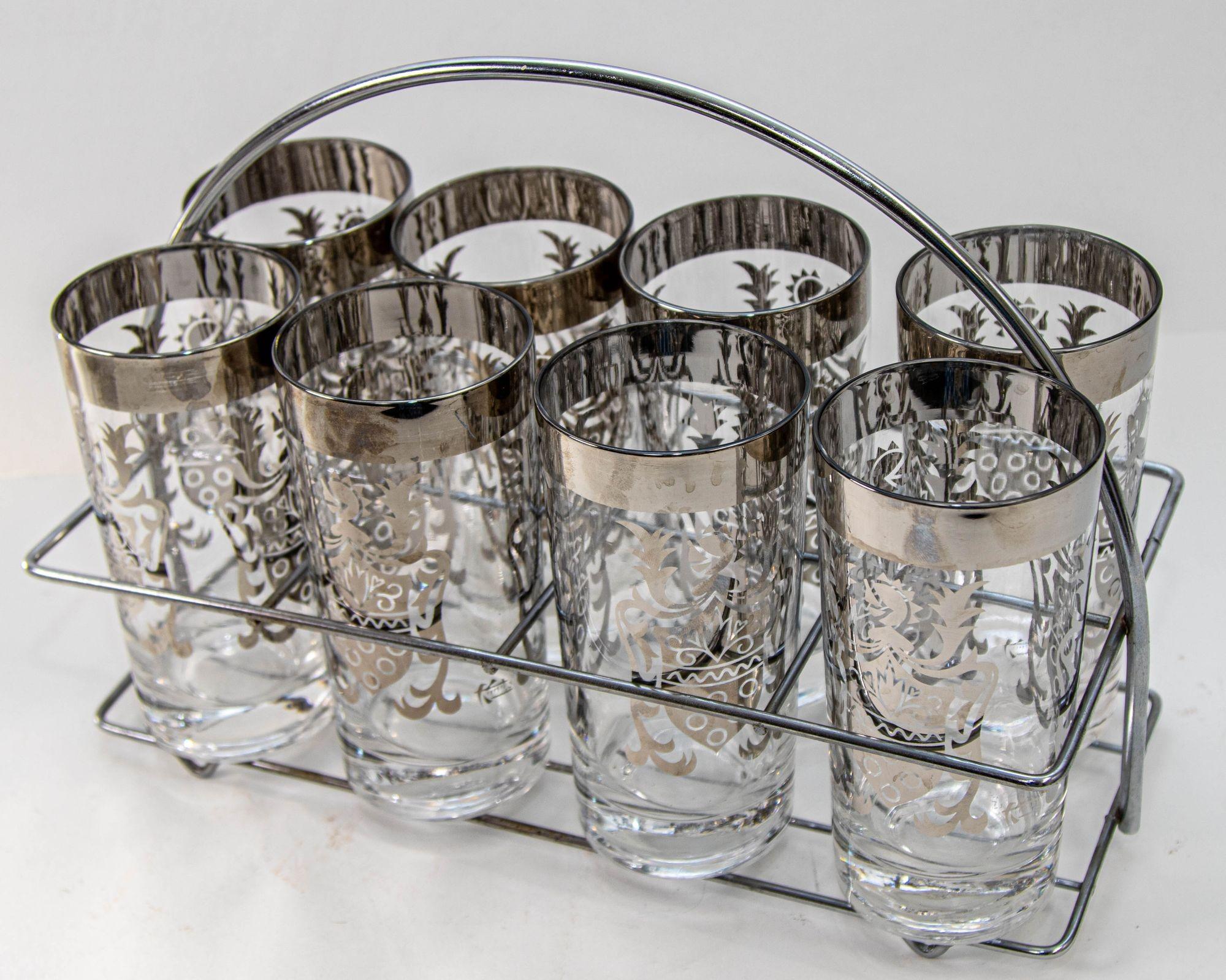 Vintage Kimiko Signed Silver High Ball Glasses Set of 8 with Carrying Caddy 60's en vente 12