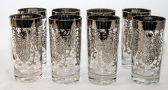Vintage Kimiko Signed Silver High Ball Glasses Set of 8 with Carrying Caddy 60's