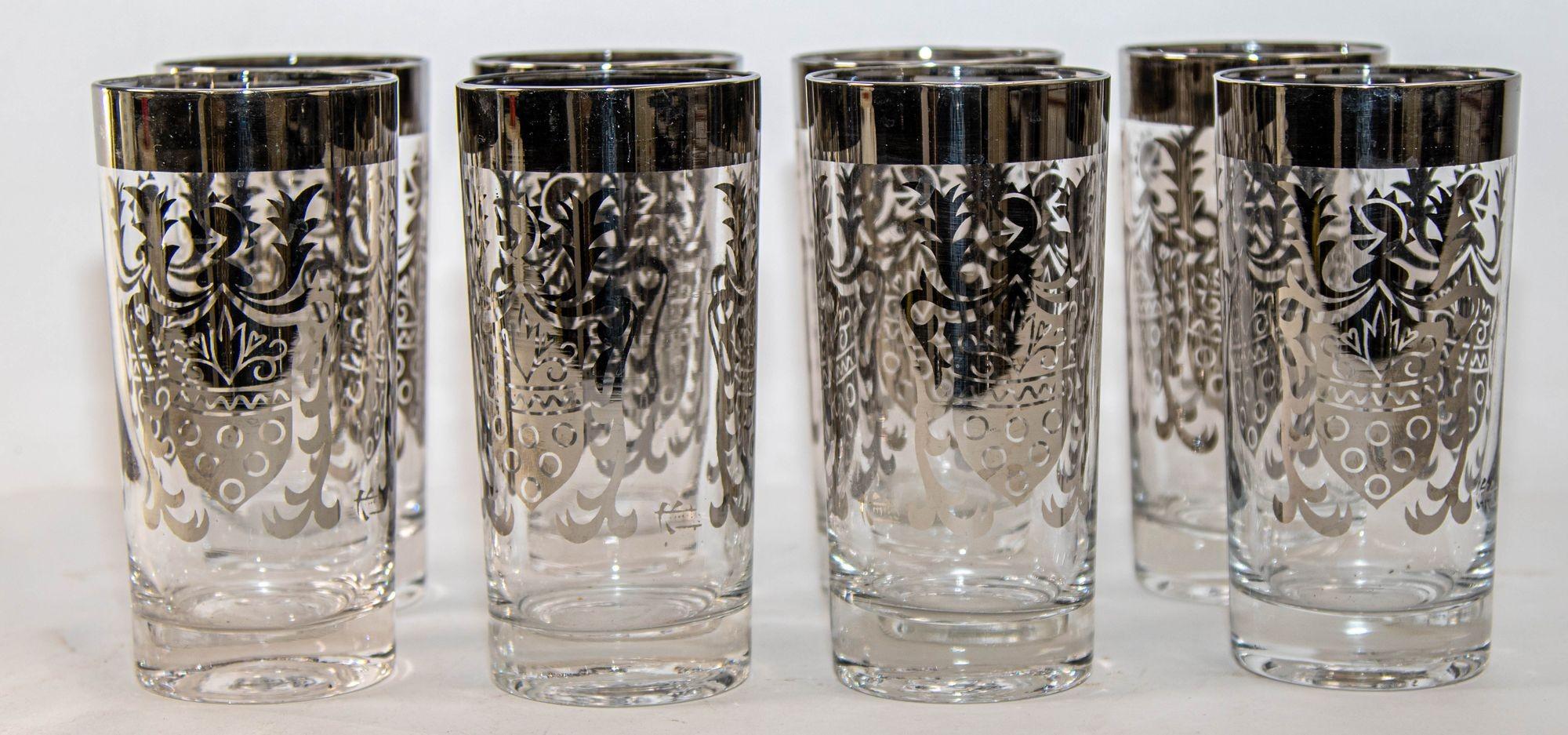 Vintage Kimiko Signed Silver High Ball Glasses Set of 8 with Carrying Caddy 60's For Sale 12