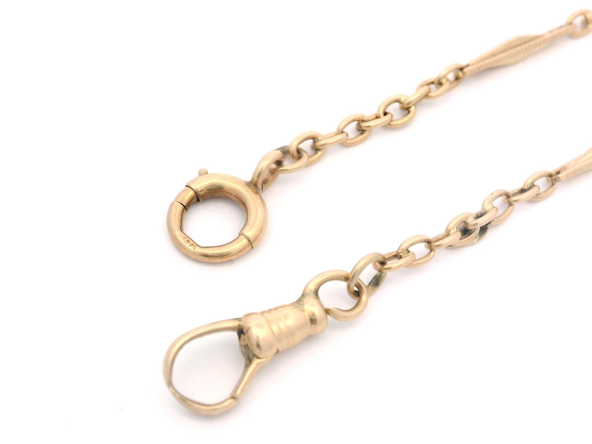 Vintage Kimmel 14k Rosy Yellow Gold Pocket Watch Chain w/ Dog Clip & Spring Ring In Good Condition In Montclair, NJ