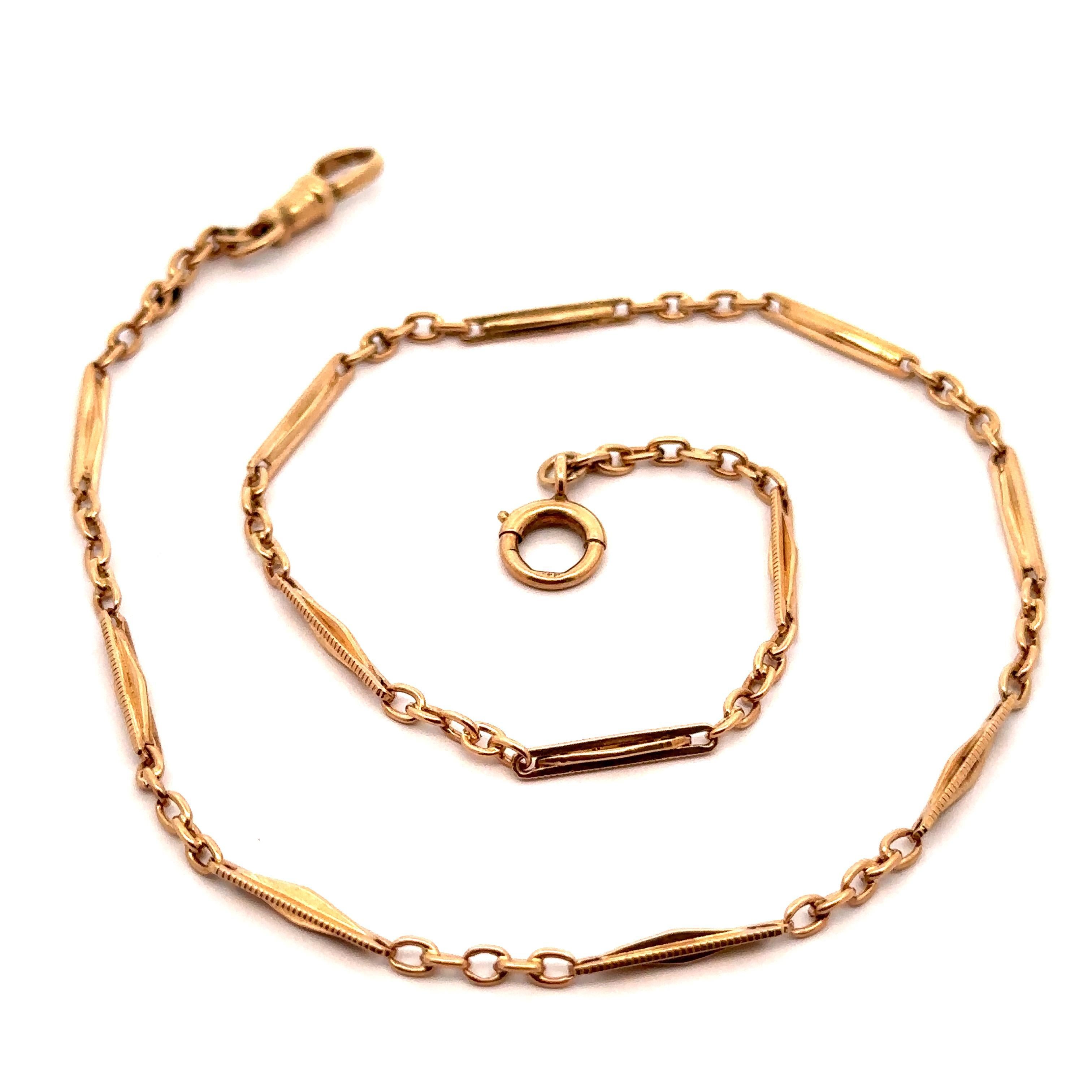 Vintage Kimmel 14k Rosy Yellow Gold Pocket Watch Chain w/ Dog Clip & Spring Ring 1