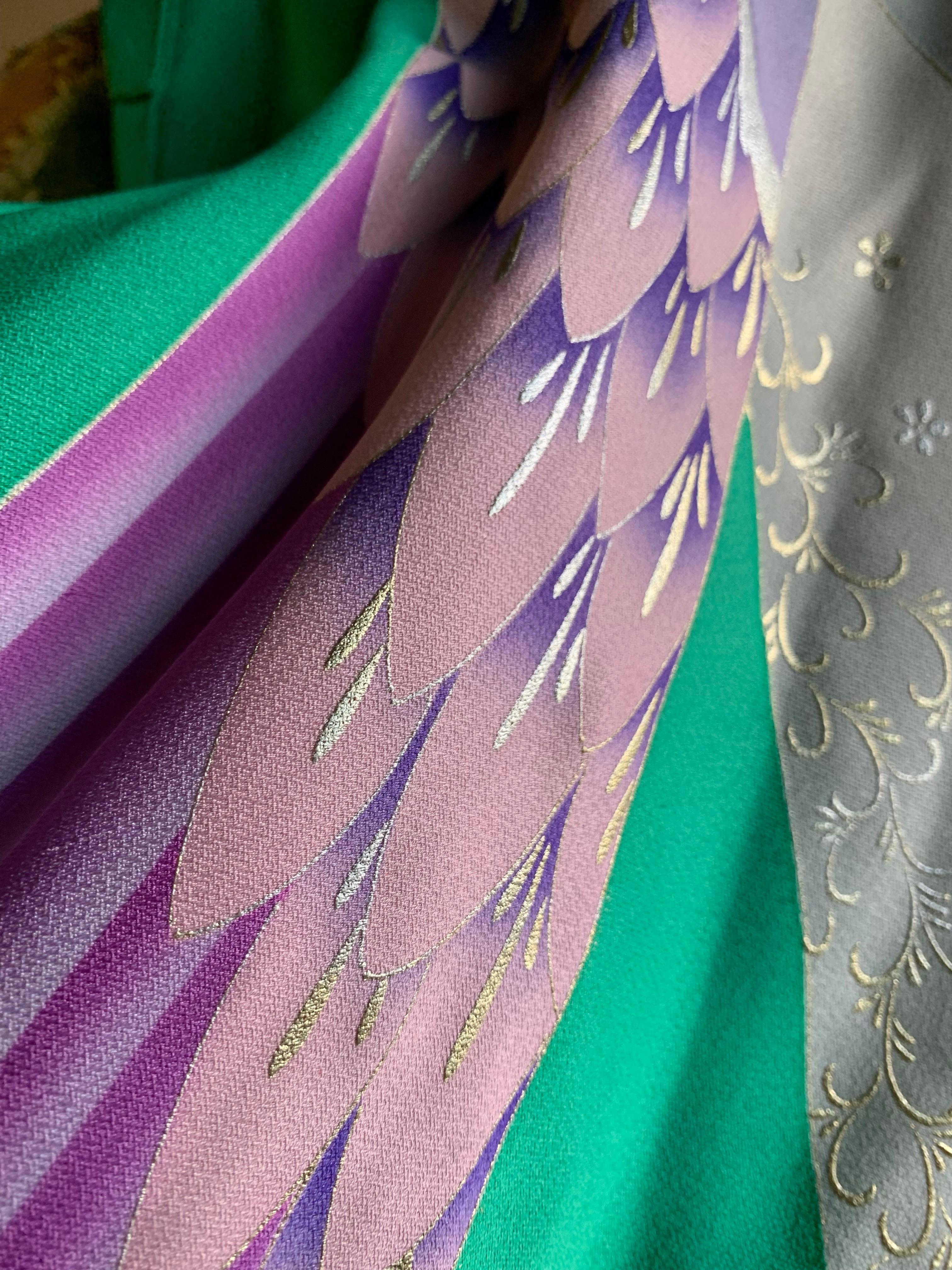 Vintage Kimono Jade Green Silk w Dramatic Airbrushed Wing Motif in Lavender 10