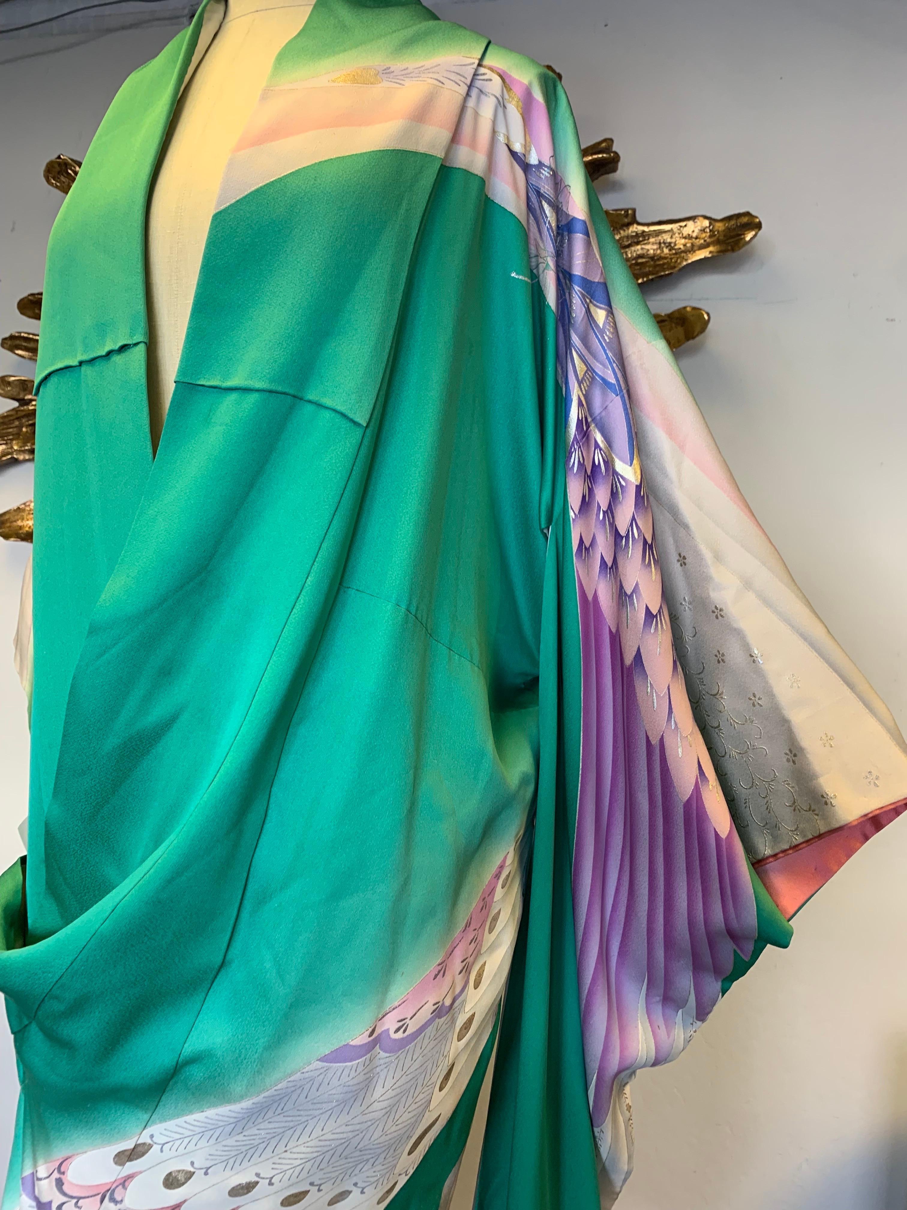 Women's or Men's Vintage Kimono Jade Green Silk w Dramatic Airbrushed Wing Motif in Lavender