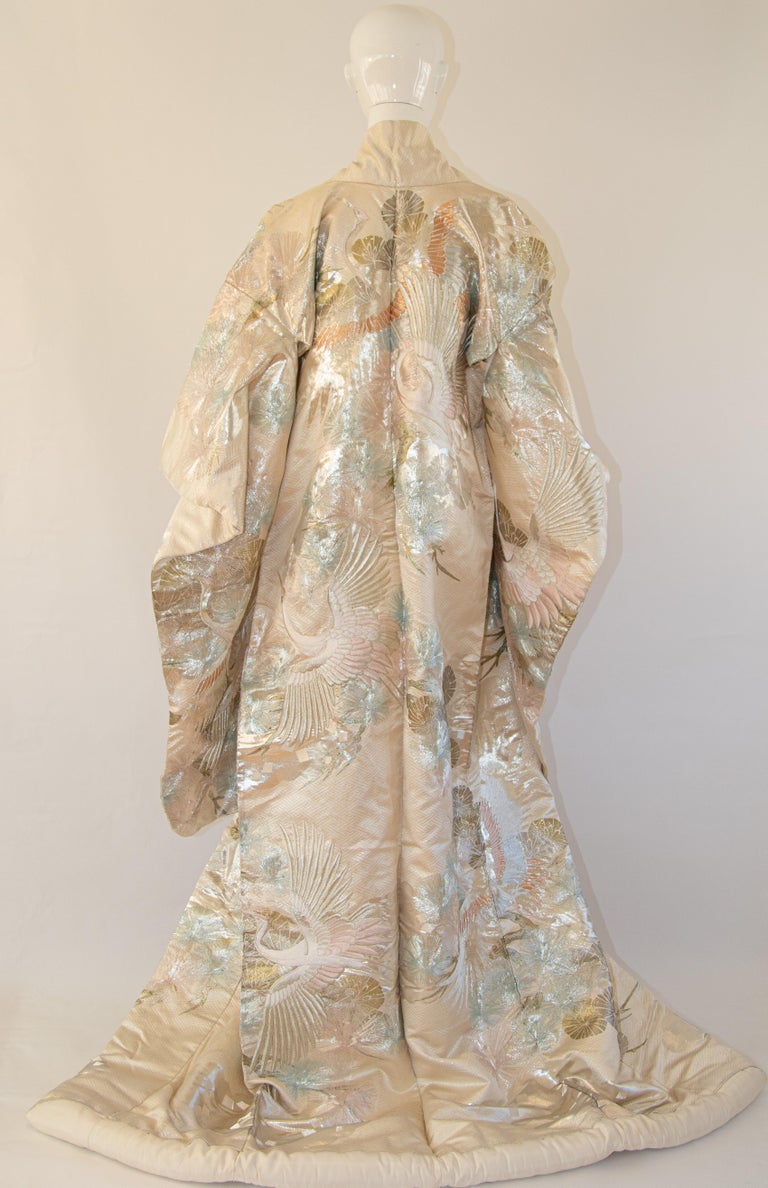 Vintage Kimono White Silk Brocade Japanese Wedding Dress For Sale at