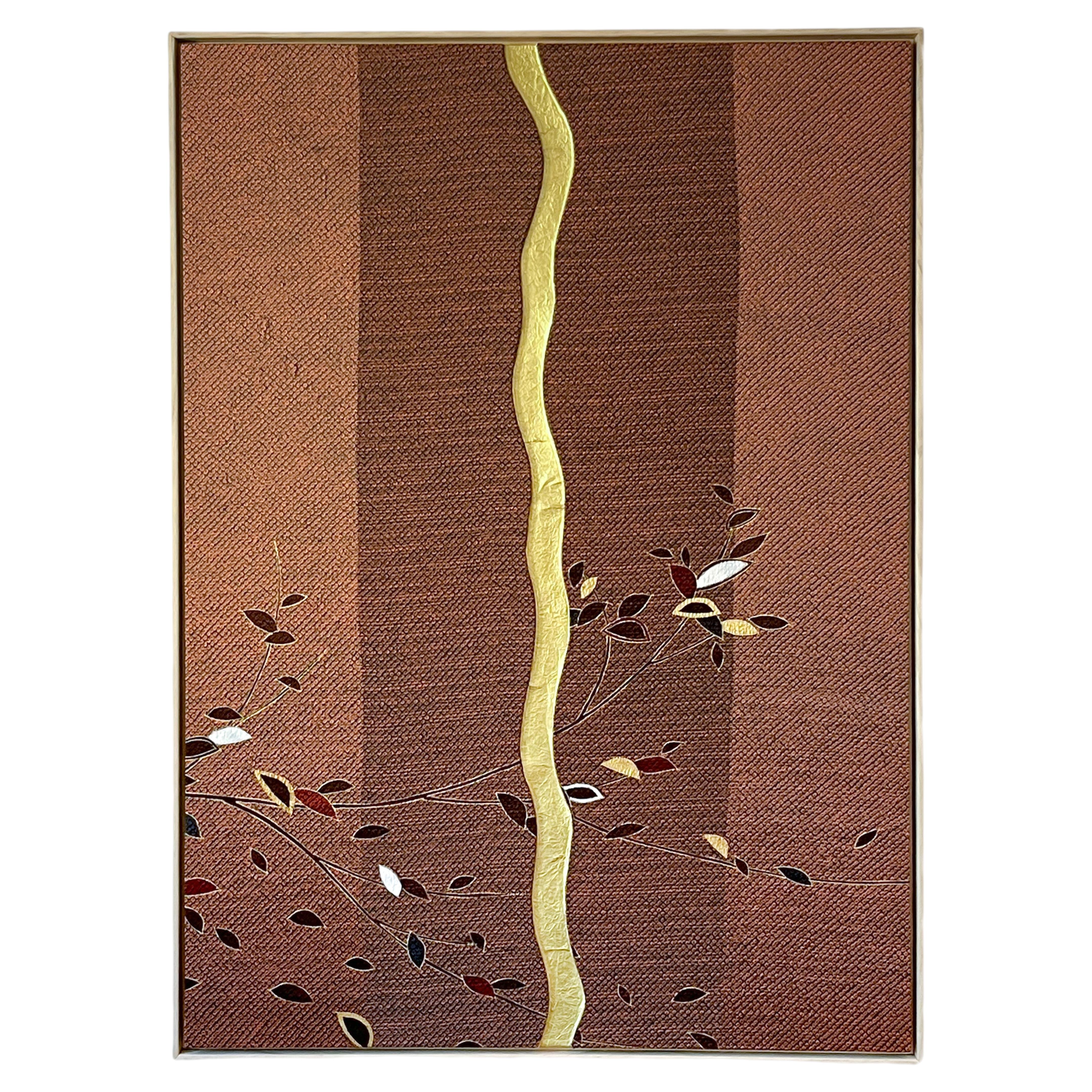 Vintage-Kimono-Textilkunst „Herbstzweige ~ Kintsugi ~“ von ikasu Brown Japan
