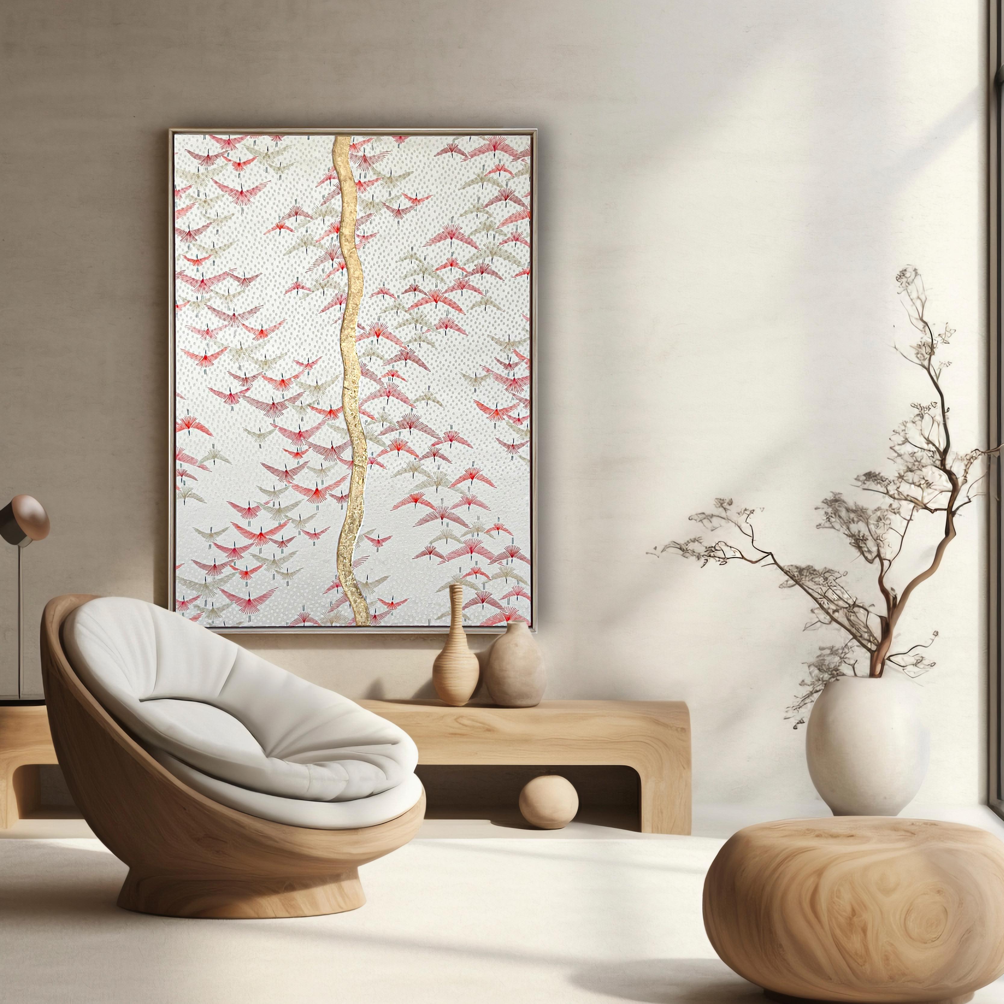 Le cadre de cette œuvre est en bois de paulownia provenant d'anciens Kiritansu - commodes pour kimono.

J'utilise des kiritansu anciens qui ne peuvent plus être utilisés comme meubles pour créer des bases et des cadres pour mes œuvres. Il leur