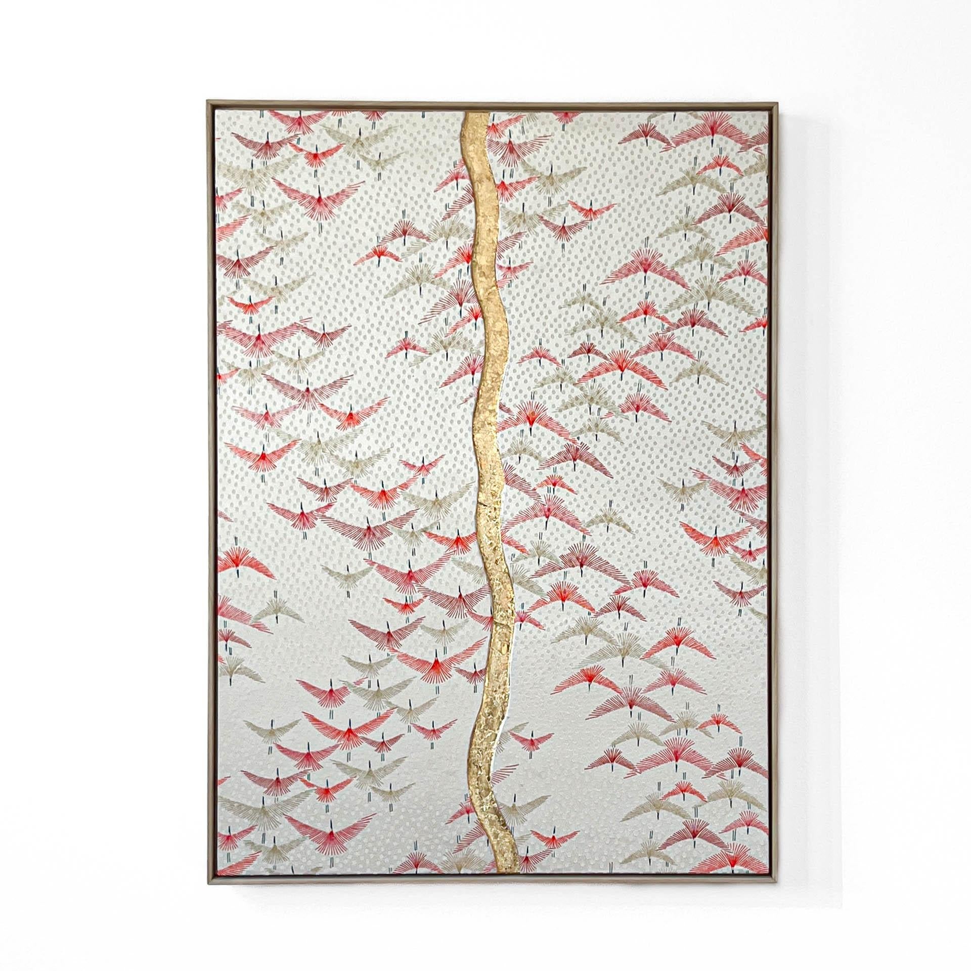 Japonisme Art textile kimono vintage Cranes ~ Kintsugi ~ par ikasu Blanc/rouge/or Japon en vente
