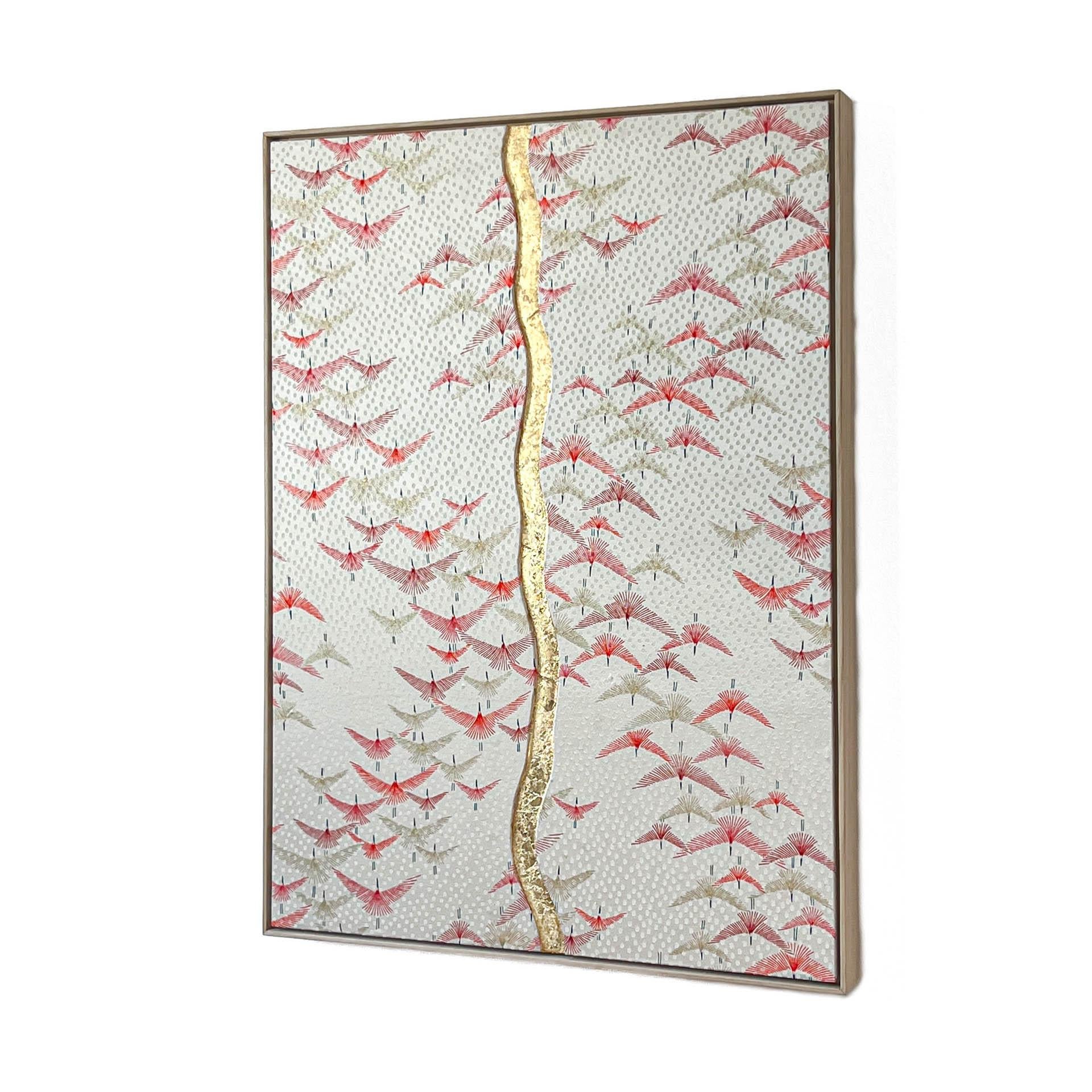 Fait main Art textile kimono vintage Cranes ~ Kintsugi ~ par ikasu Blanc/rouge/or Japon en vente