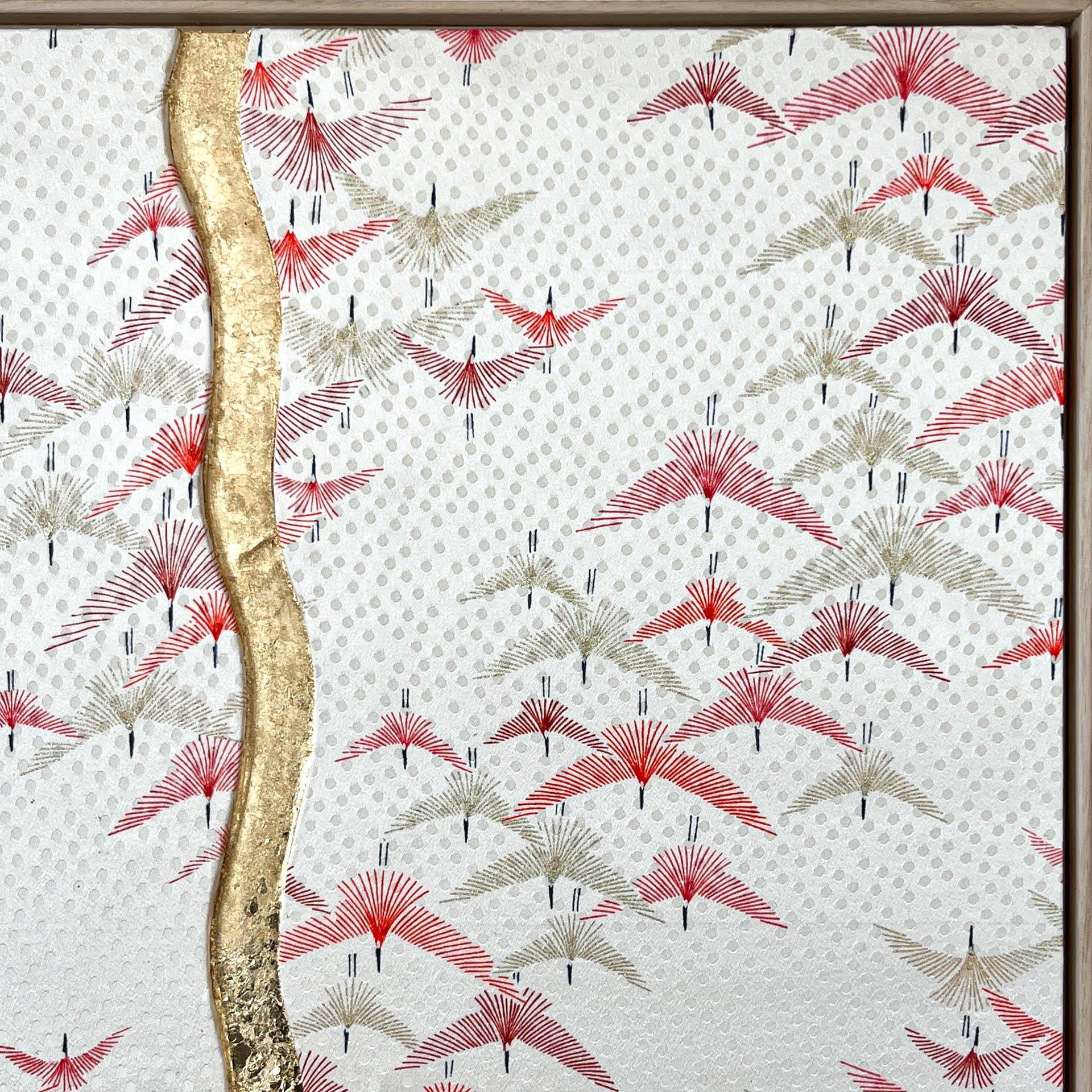 Art textile kimono vintage Cranes ~ Kintsugi ~ par ikasu Blanc/rouge/or Japon Excellent état - En vente à Setagaya City, JP
