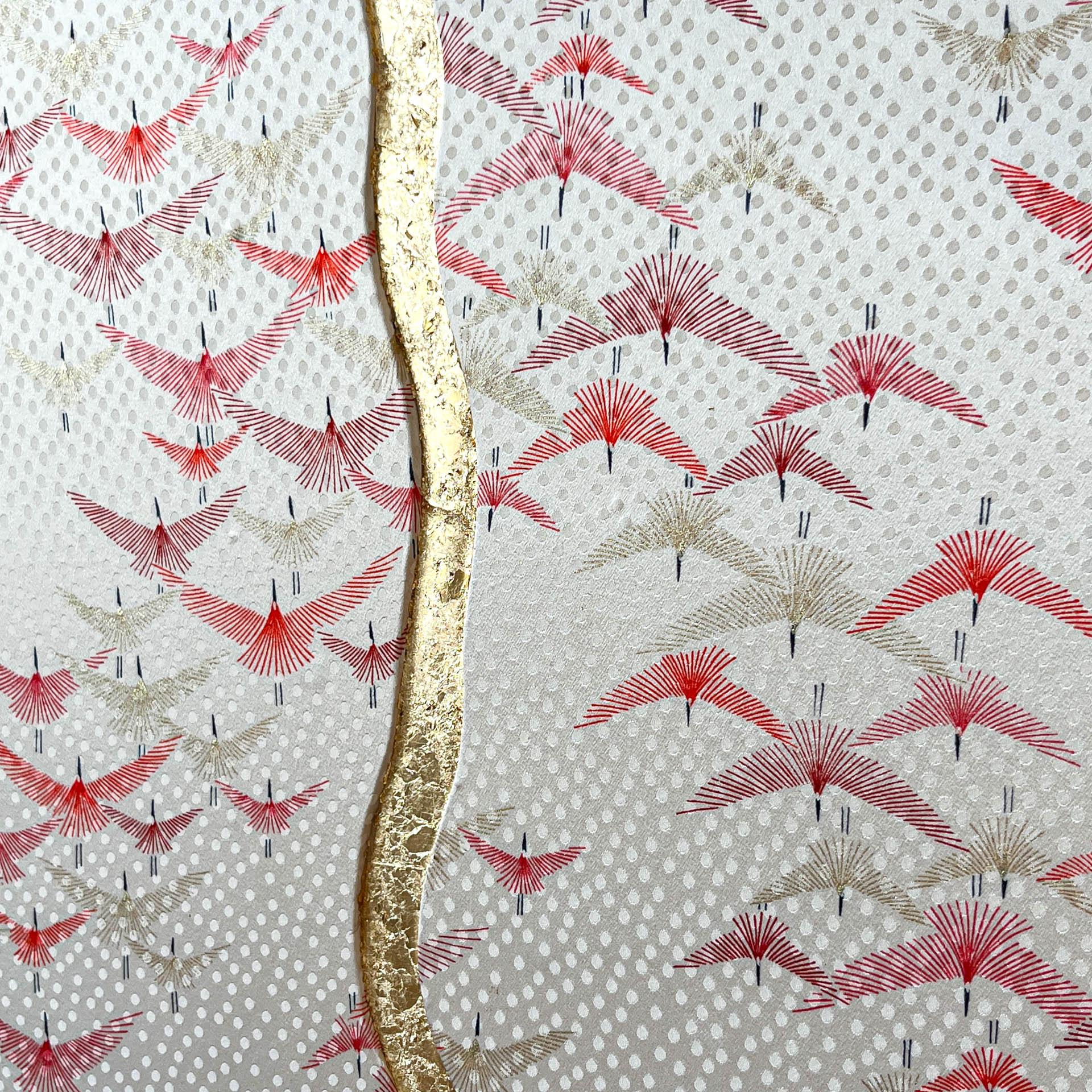 Art textile kimono vintage Cranes ~ Kintsugi ~ par ikasu Blanc/rouge/or Japon en vente 1