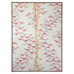 Art of Vintage kimono textile " Grues ~ Kintsugi ~ II" Blanc Rouge Or Japon