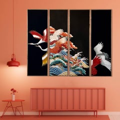 Vintage kimono textile art "Cranes through Generations" by ikasu Japan