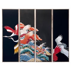 Vintage kimono textile art "Cranes through Generations" by ikasu Japan