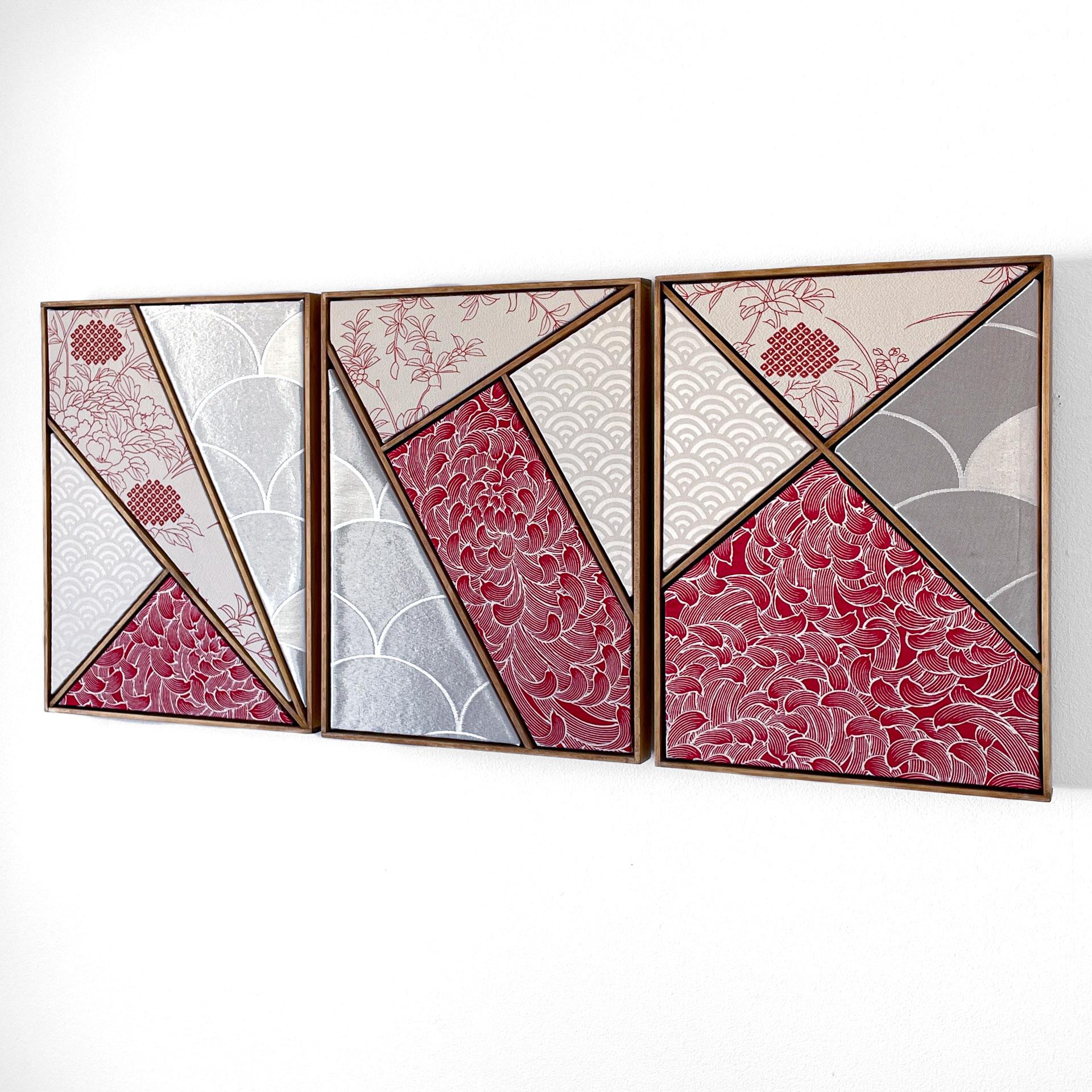 Japonais Art textile kimono vintage « Géométrie ~Chrysanthemums » par ikasu, blanc, rouge Japon en vente