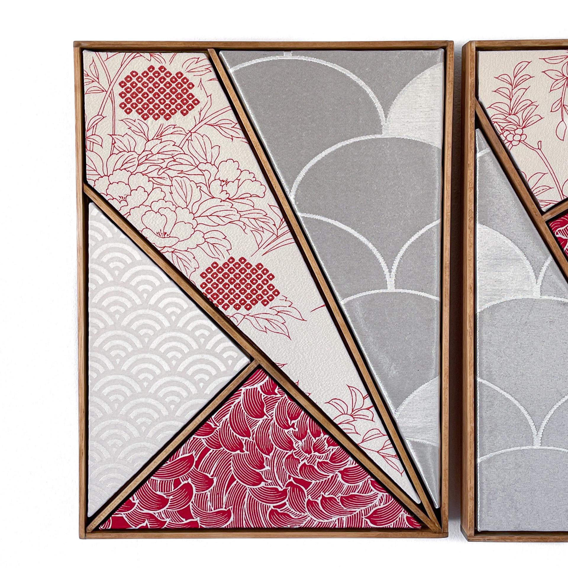 Fait main Art textile kimono vintage « Géométrie ~Chrysanthemums » par ikasu, blanc, rouge Japon en vente