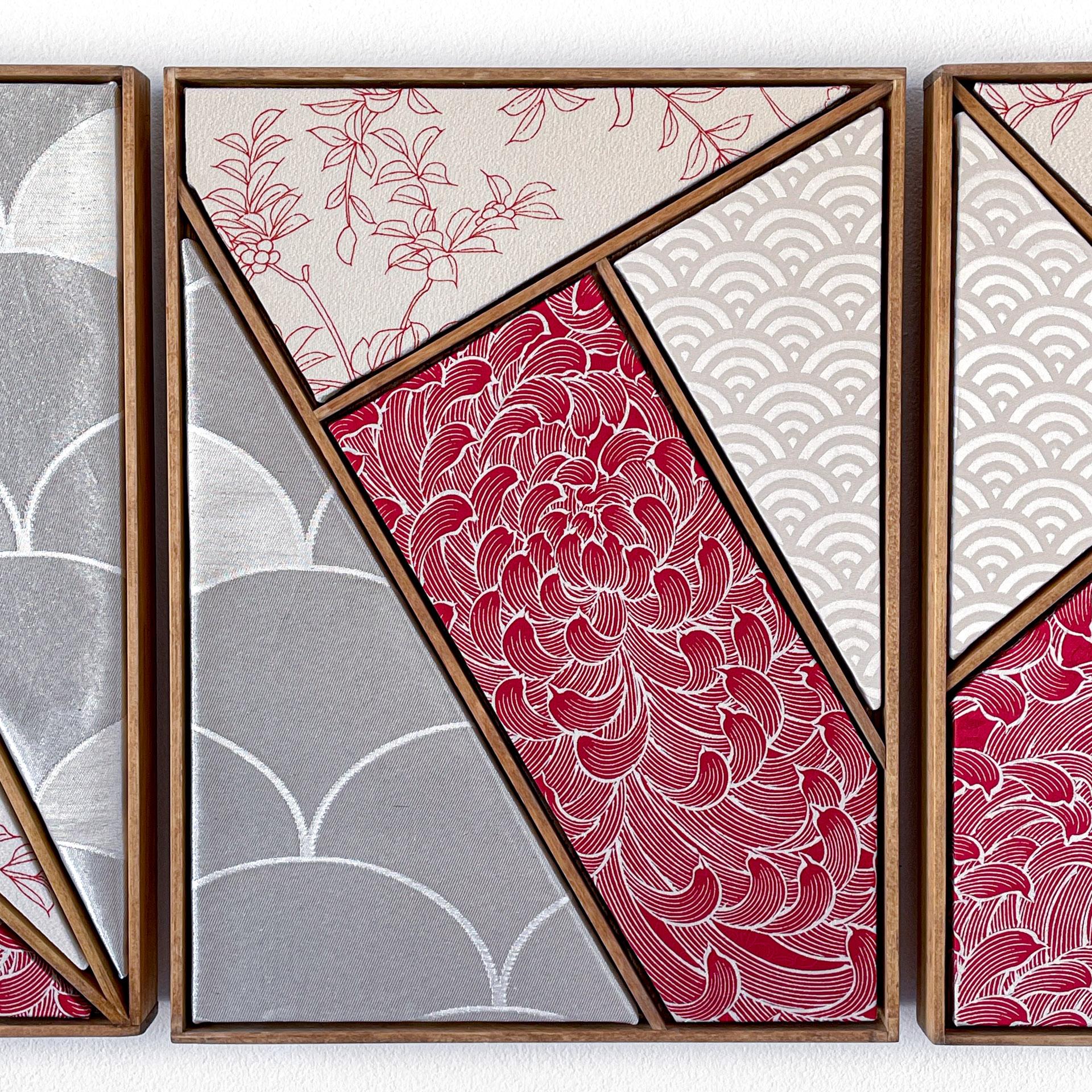 Art textile kimono vintage « Géométrie ~Chrysanthemums » par ikasu, blanc, rouge Japon Excellent état - En vente à Setagaya City, JP
