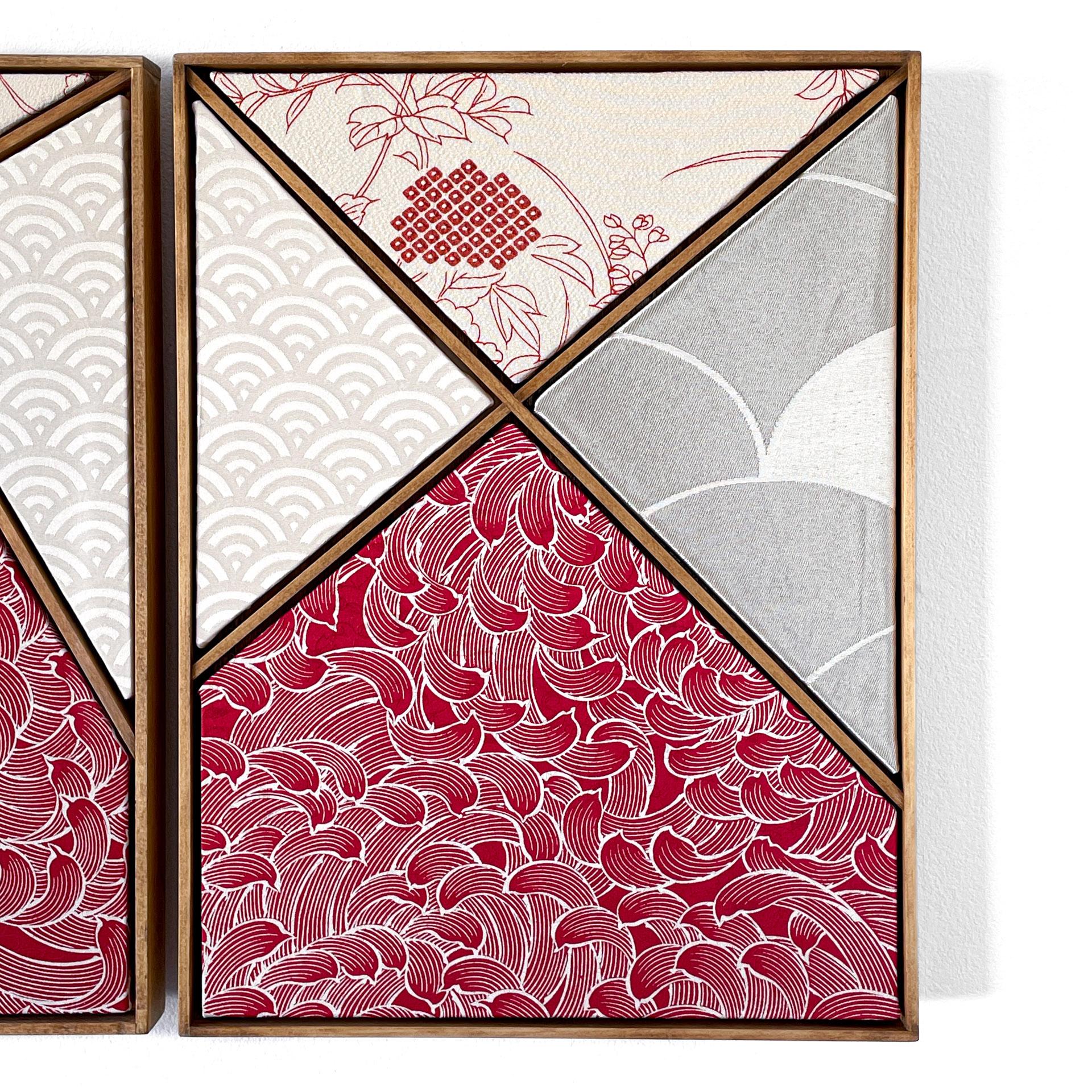 Milieu du XXe siècle Art textile kimono vintage « Géométrie ~Chrysanthemums » par ikasu, blanc, rouge Japon en vente