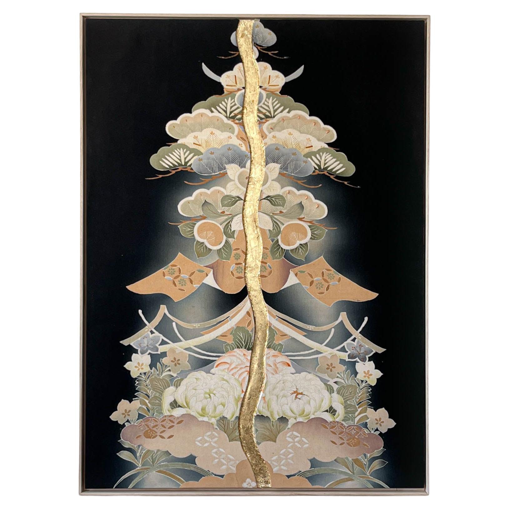 Art textile kimono ancien « Tree ofsperity » par ikasu  Noir, Japon