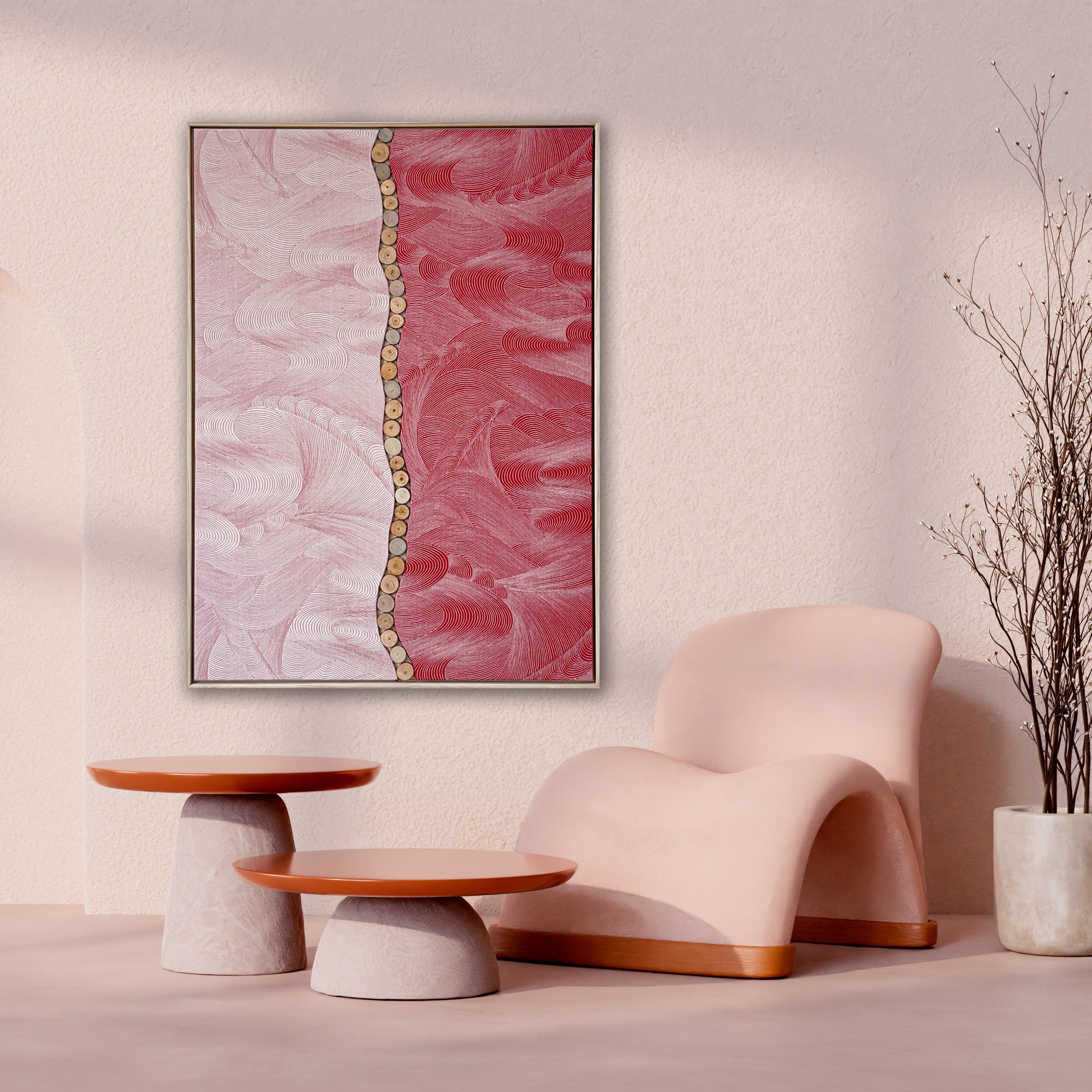 The art piece uses two sides - front and reverse - of the same kimono, to show beautiful sea surrounding Japan, in hues and in late sunset, as a timelapse.

The frame for this work is made of paulownia wood taken from antique Kiritansu -