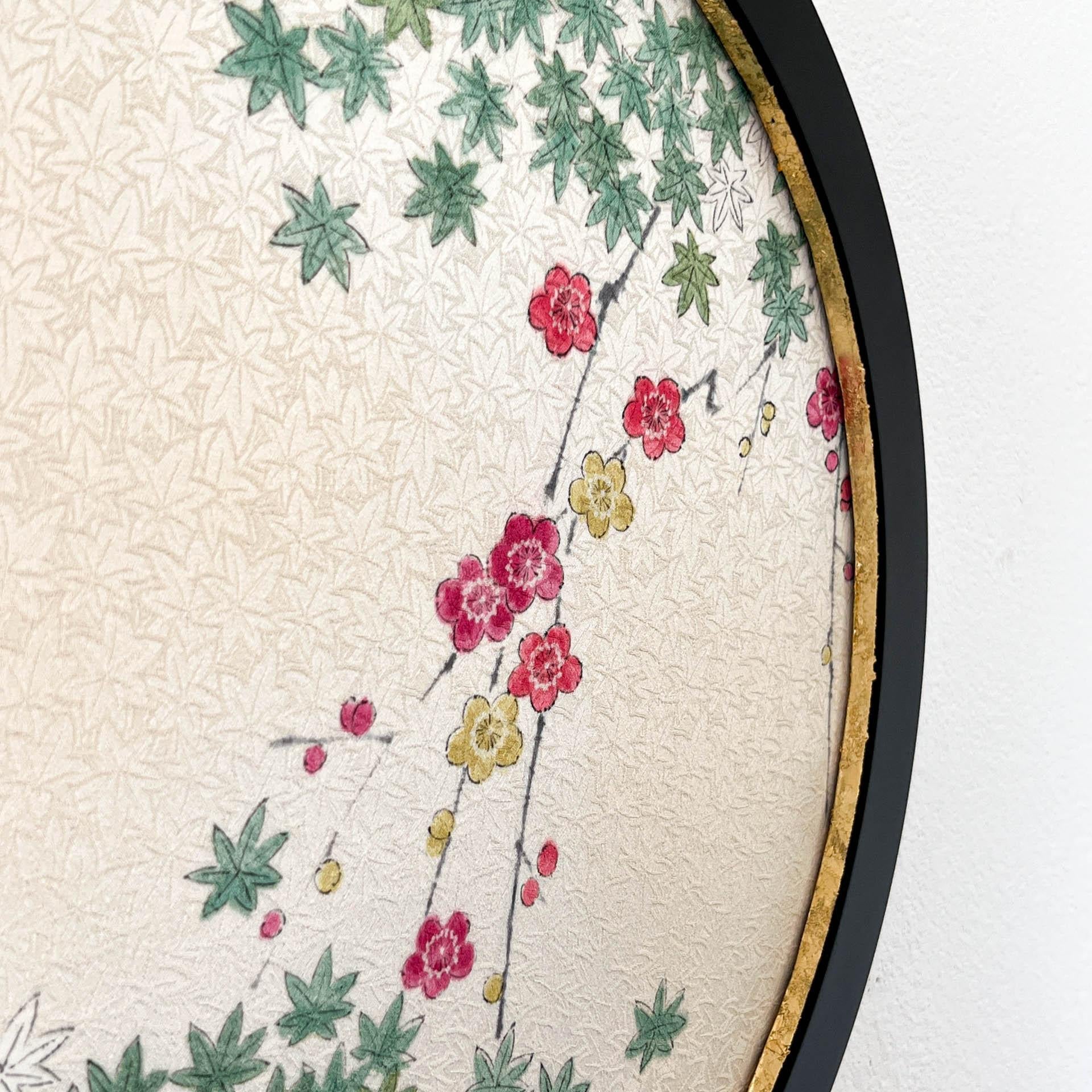 Vintage-Kimono-Textilkunst-Kunstwerk „View from the Window ~Maple&Plum~“ von Ikasu, Japan (Japanisch) im Angebot