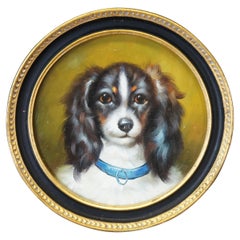 Vintage King Charles Spaniel Portrait Oil Painting on Board Gold Frame Realism 
