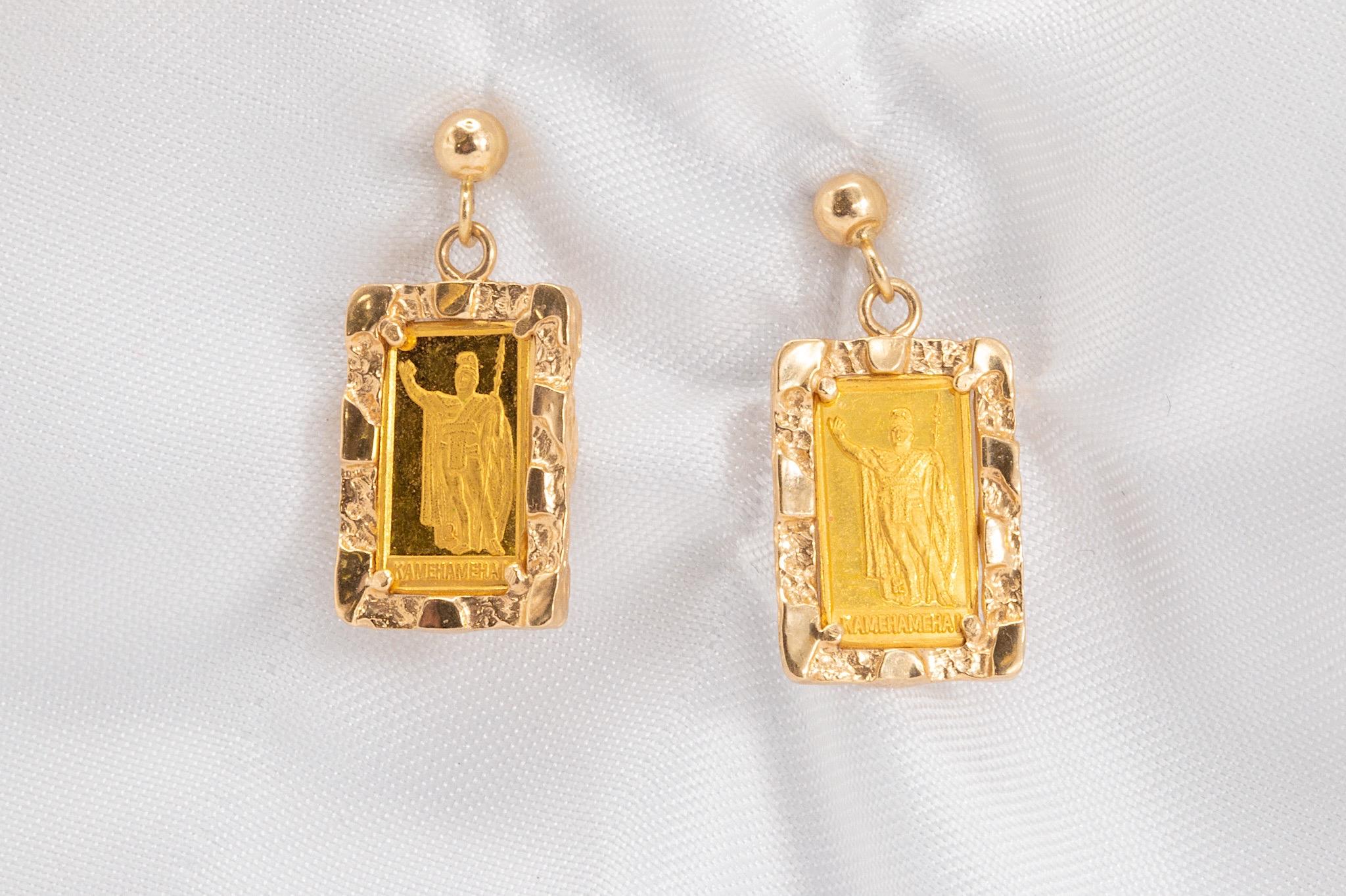 Pendientes Vintage King Kamehameha de lingote de oro de 24 quilates en oro amarillo de 14 quilates en Bueno estado para la venta en Houston, TX