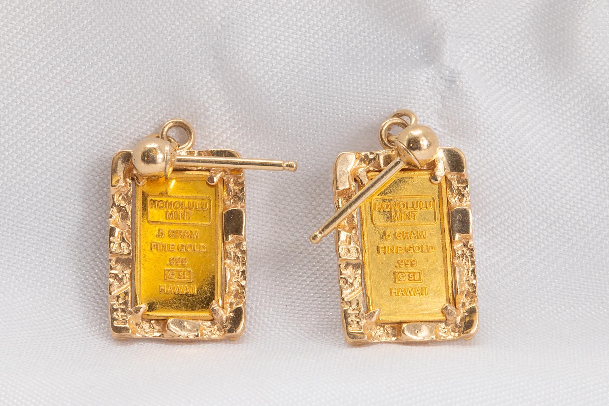 De las mujeres Pendientes Vintage King Kamehameha de lingote de oro de 24 quilates en oro amarillo de 14 quilates en venta