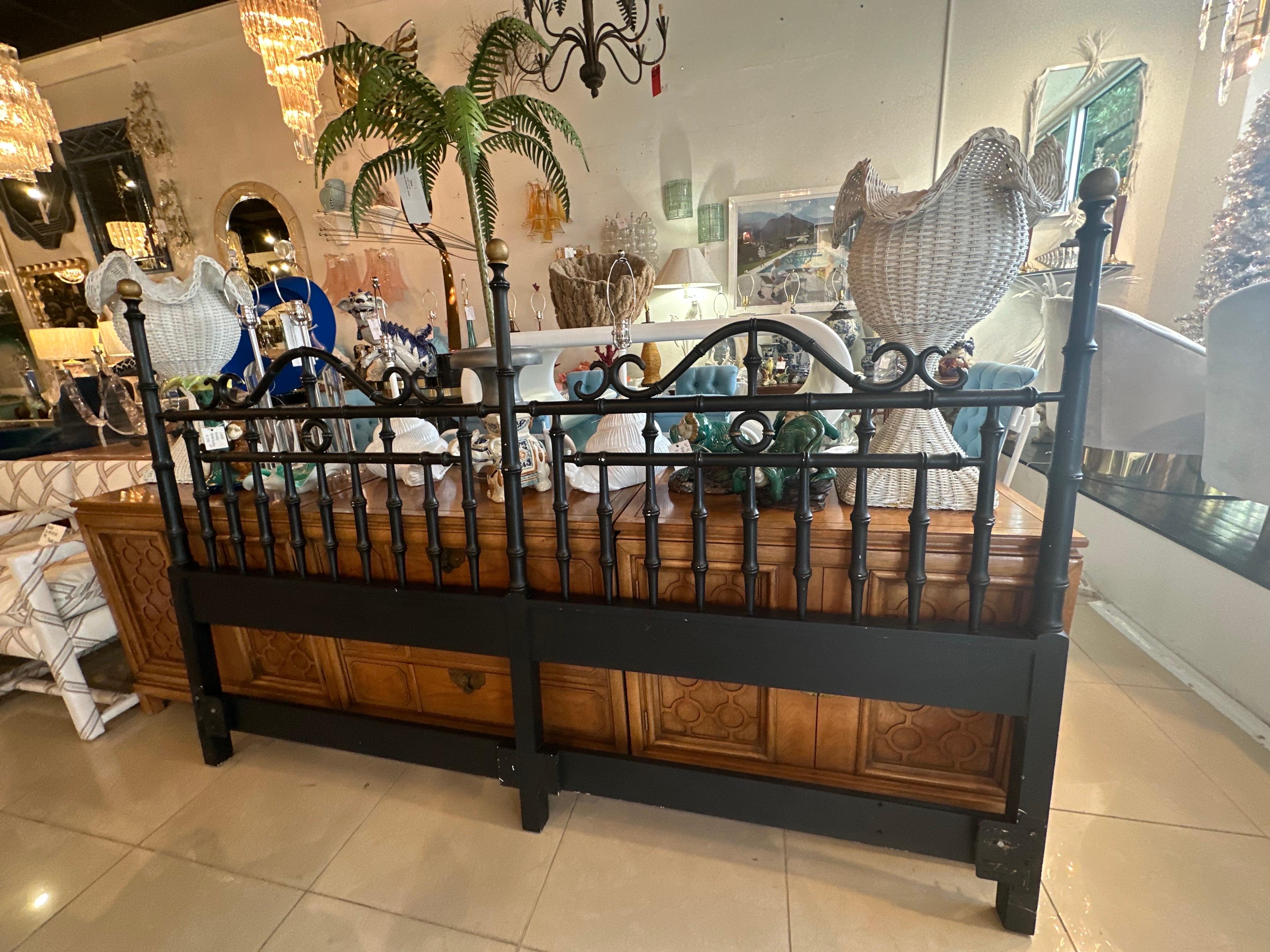 Vintage faux bamboo Chinese chippendale king size headboard bed. This has its vintage as found paint which has some paint loss. This is being sold as needing new paint, lacquer. Dimensions: 80.25 W x 52.25 H x 2 D. 