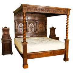 Vintage King Size Jacobean Four Poster Bed and Pair Bedside Cabinets