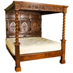 Vintage King Size Jacobean Four-Poster Bed with Canopy, Mid-20th Century