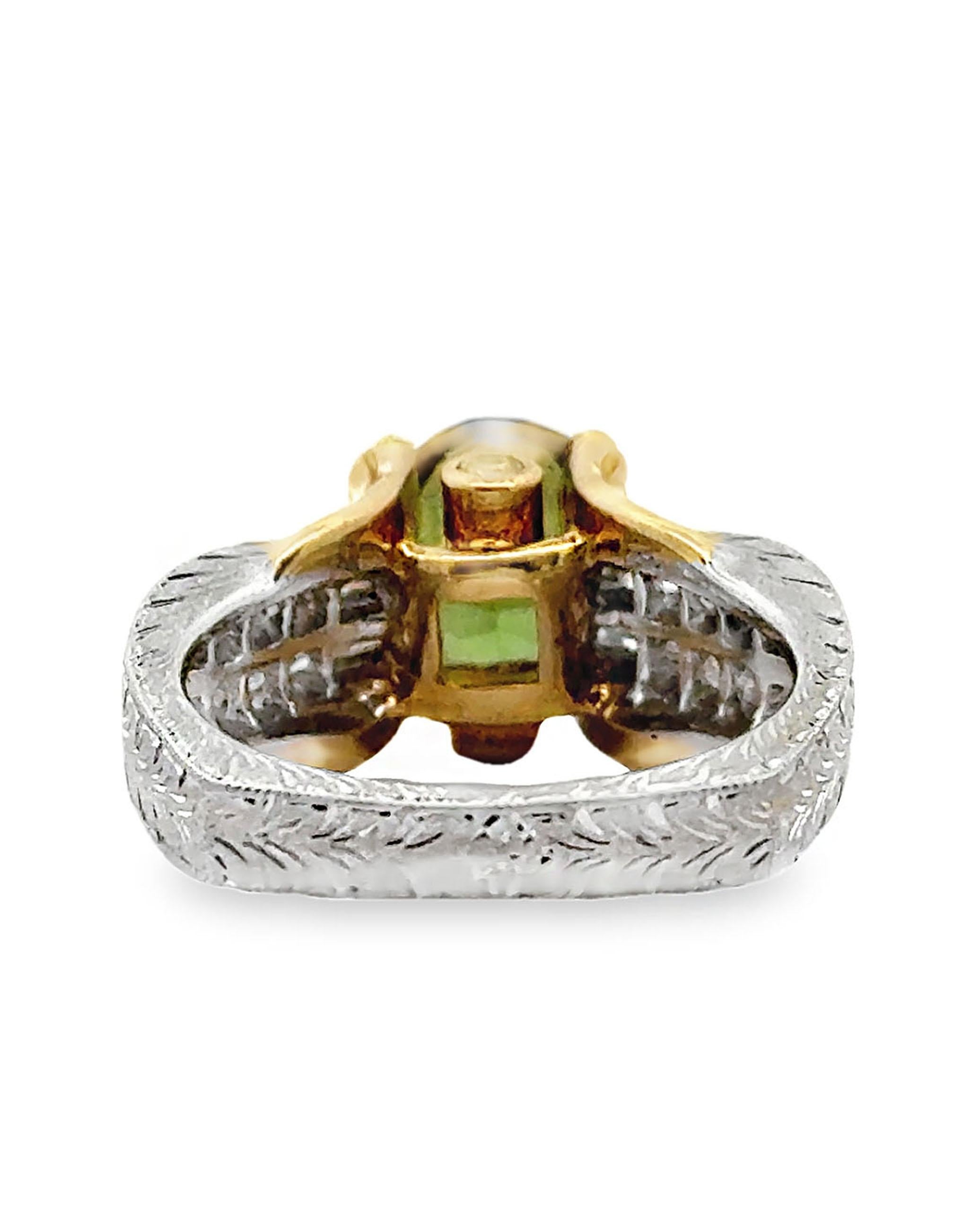 Contemporary Vintage Kirk Kara Hand Engraved Ring with Diamonds and Green Tourmaline For Sale