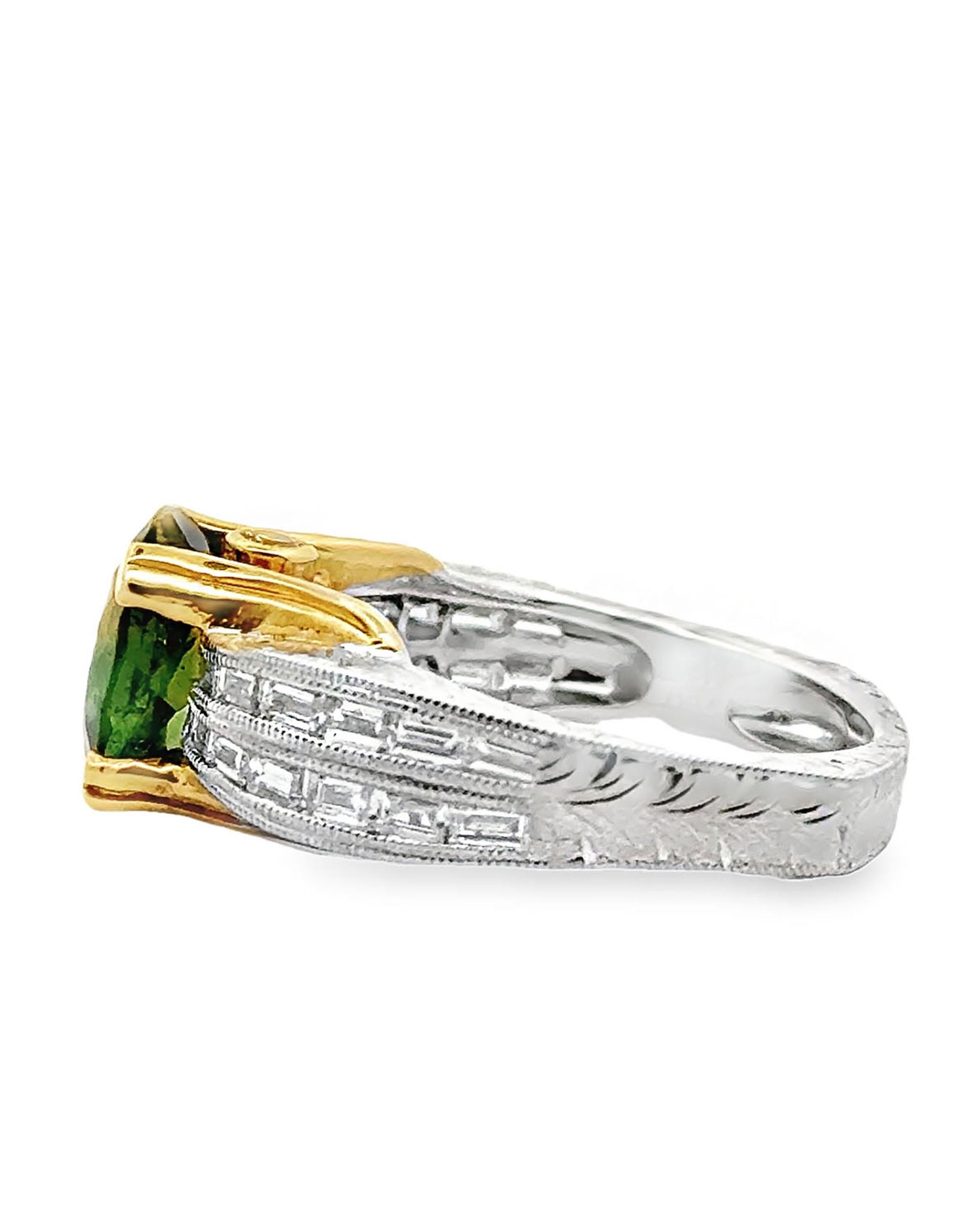 Oval Cut Vintage Kirk Kara Hand Engraved Ring with Diamonds and Green Tourmaline For Sale